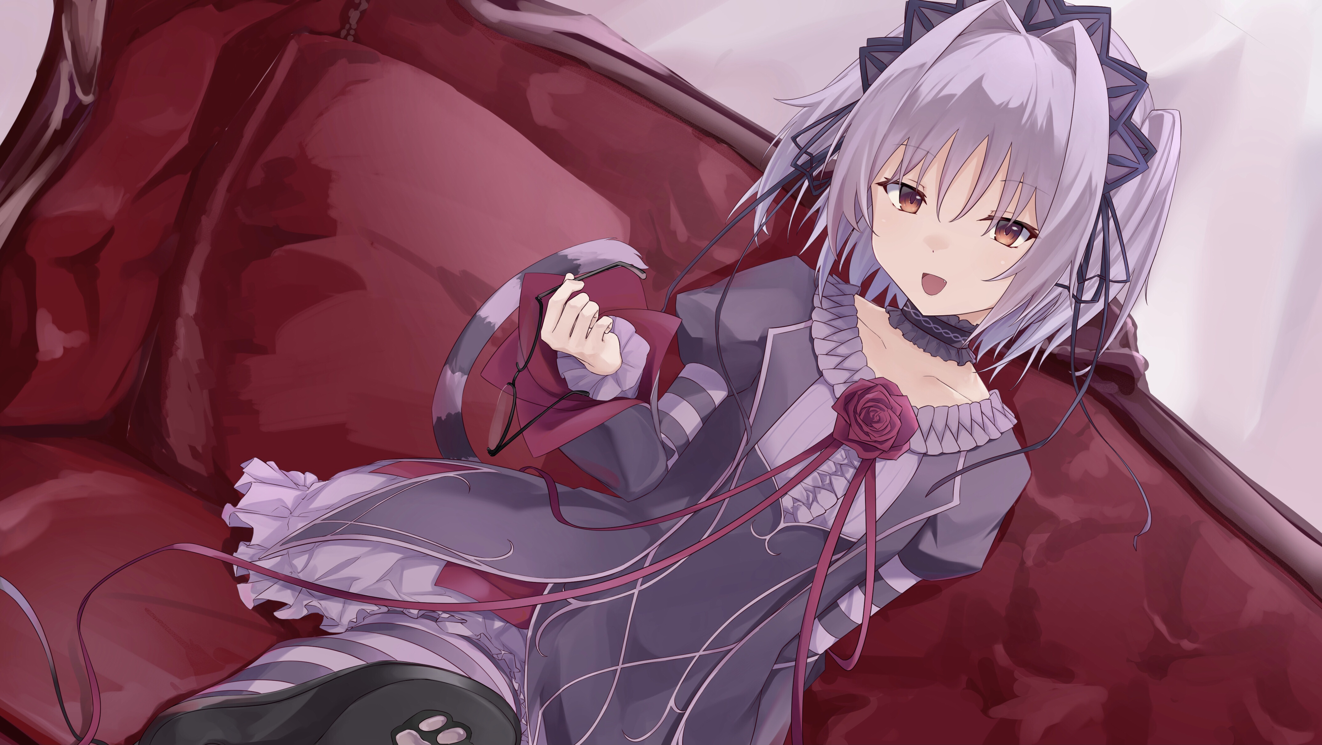 mtmosphere, naitou maia, hapymaher, absurdres, commentary, highres, 1girl, :d, arm at side, black choker, black dress, black hairband, black ribbon, black shoes, brown eyes, cat tail, center frills, choker, collarbone, couch, cowboy shot, dress, dress flower, dress ribbon, dutch angle, eyelashes, fang, flower, frilled choker, frilled dress, frilled sleeves, frills, glasses, gothic lolita, grey hair, hair between eyes, hair intakes, hair ribbon, hairband, hand up, holding, holding removed eyewear, indoors, juliet sleeves, lolita fashion, long ribbon, long sleeves, looking at viewer, medium hair, on couch, open mouth, paw print, puffy sleeves, purple thighhighs, red flower, red ribbon, red rose, ribbon, rose, shoe soles, shoes, short dress, sitting, slit pupils, smile, solo, straight hair, striped clothes, striped thighhighs, tail, thighhighs, tsurime, two side up, unworn eyewear, wide sleeves