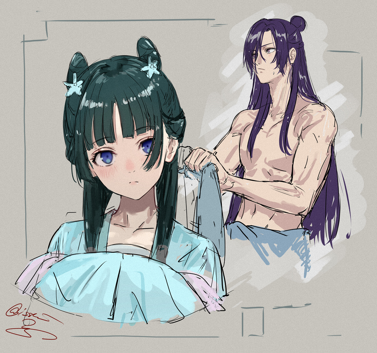 isshiki (ffmania7), jinshi (kusuriya no hitorigoto), maomao (kusuriya no hitorigoto), kusuriya no hitorigoto, 1boy, 1girl, bishounen, blue eyes, blush, chinese clothes, double bun, flower, green hair, grey background, hair bun, hair flower, hair ornament, hair over one eye, light frown, long hair, navel, purple hair, signature, sketch, topless male, wringing clothes