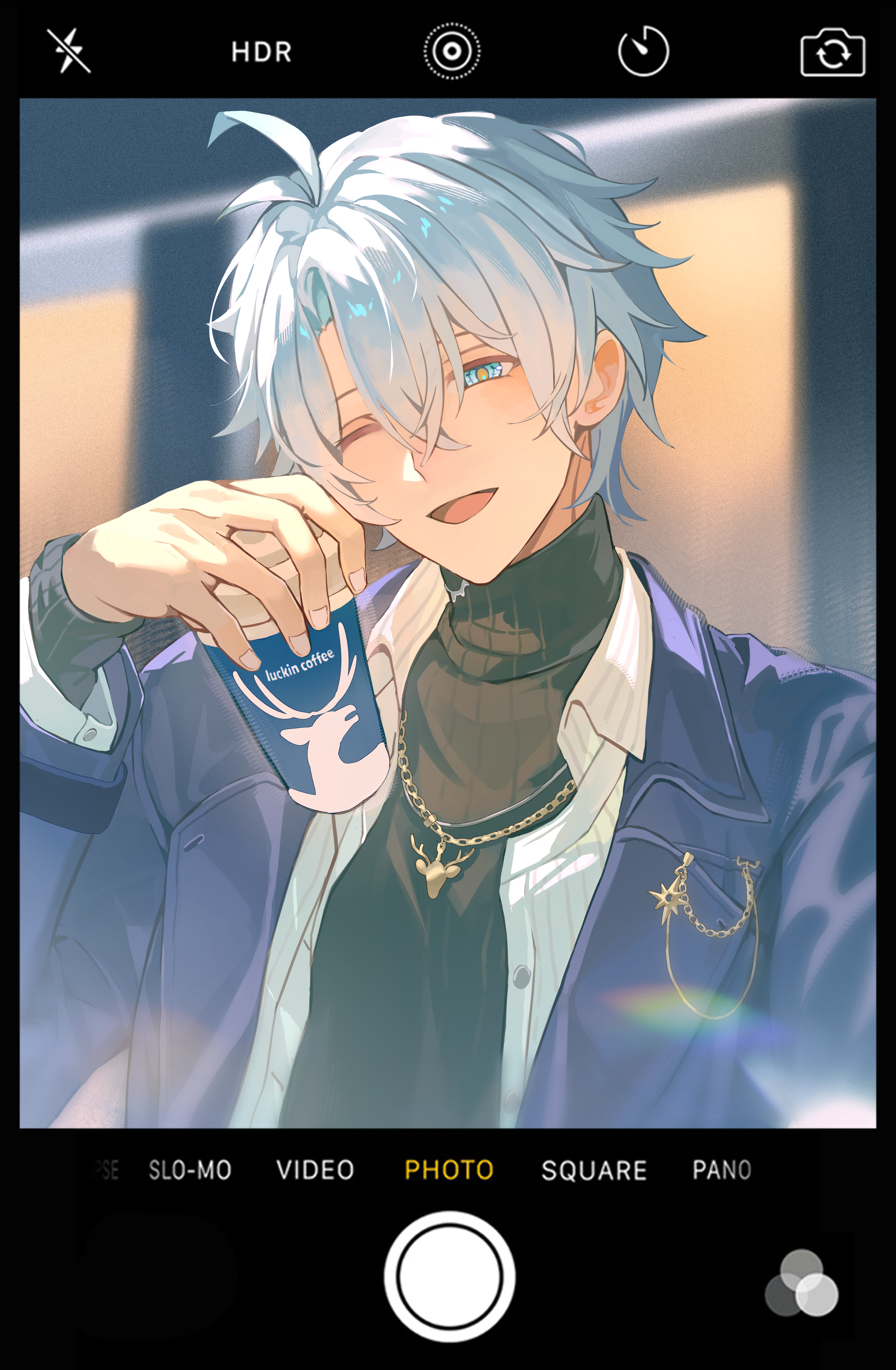 kanangnsn, phainon (honkai: star rail), honkai: star rail, honkai (series), absurdres, highres, 1boy, antenna hair, black sweater, blue eyes, coat, cup, deer necklace, disposable coffee cup, disposable cup, english text, fake phone screenshot, fake screenshot, grey hair, hair between eyes, hand up, holding, holding cup, male focus, official alternate costume, one eye closed, open clothes, open coat, open mouth, open shirt, phainon (luckin coffee) (honkai: star rail), purple coat, shirt, short hair, smile, solo, sweater, turtleneck, turtleneck sweater, upper body, white shirt, yellow pupils