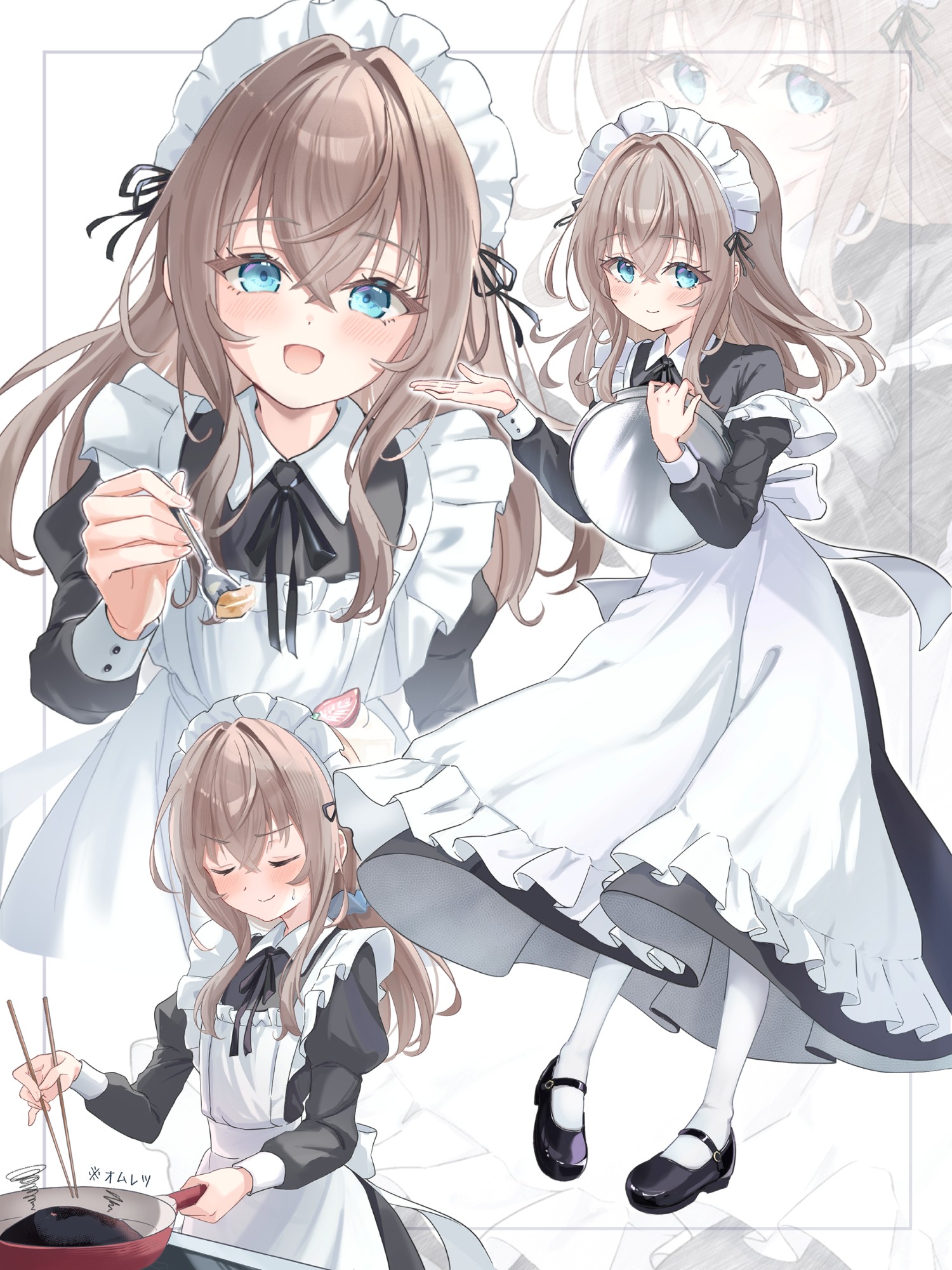 omo omochi zzz, original, commentary, highres, translated, 1girl, :d, apron, bad food, black boots, black border, black ribbon, black sleeves, blue eyes, boots, border, brown hair, chopsticks, cooking, embarrassed, food, fork, full body, hair ribbon, hands up, holding, holding chopsticks, holding fork, holding plate, incoming food, light blush, long hair, long sleeves, looking at viewer, maid apron, maid headdress, metal plate, multiple views, nervous smile, omelet, open mouth, plate, ribbon, silhouette, simple background, smelling, smile, sweatdrop, thighhighs, white apron, white background, white thighhighs