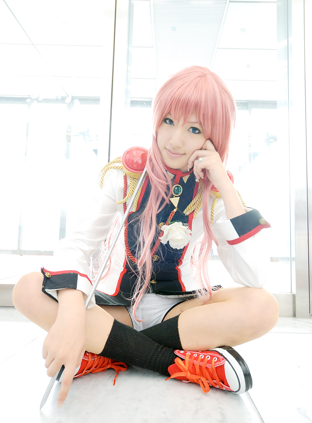 saya (cosplayer), tenjou utena, shoujo kakumei utena, highres, photo (medium), cosplay, pink hair, sword, weapon