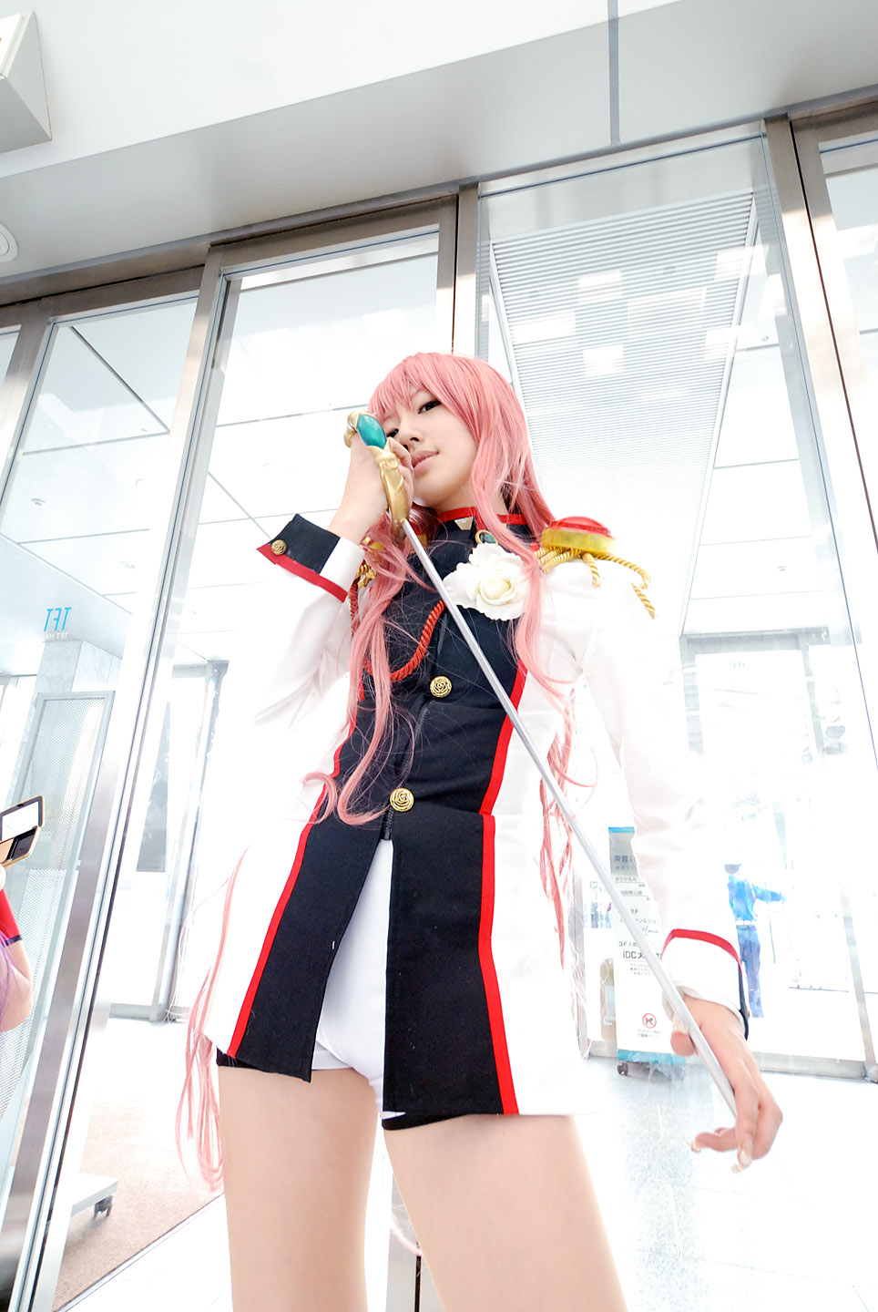 saya (cosplayer), tenjou utena, shoujo kakumei utena, highres, photo (medium), cosplay, pink hair, sword, weapon