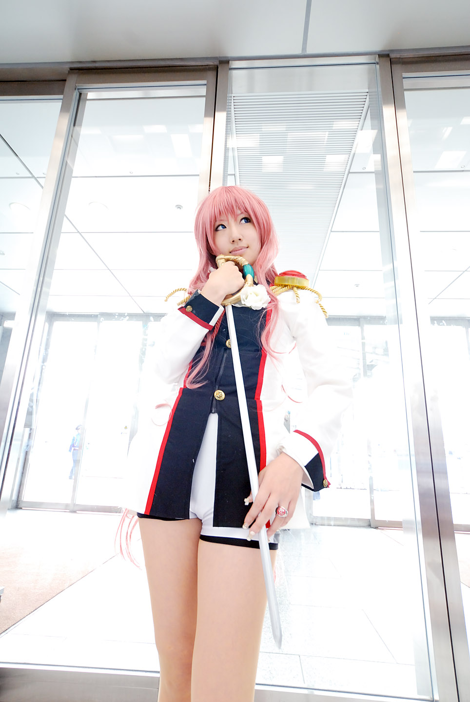 saya (cosplayer), tenjou utena, shoujo kakumei utena, highres, photo (medium), cosplay, pink hair, sword, weapon