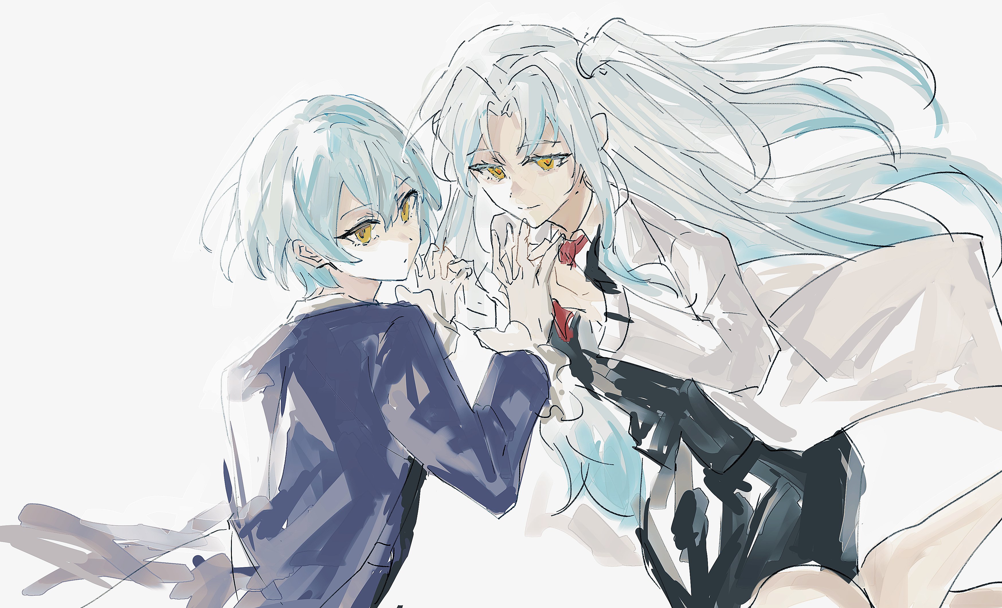 sixgod, angela (project moon), library of ruina, lobotomy corporation, project moon, absurdres, highres, 2girls, ascot, black vest, blue coat, blue hair, closed mouth, coat, collared shirt, holding hands, lab coat, long hair, long sleeves, looking at viewer, multiple girls, necktie, one side up, parted bangs, red necktie, shirt, short hair, simple background, upper body, vest, white ascot, white background, white coat, white shirt, yellow eyes