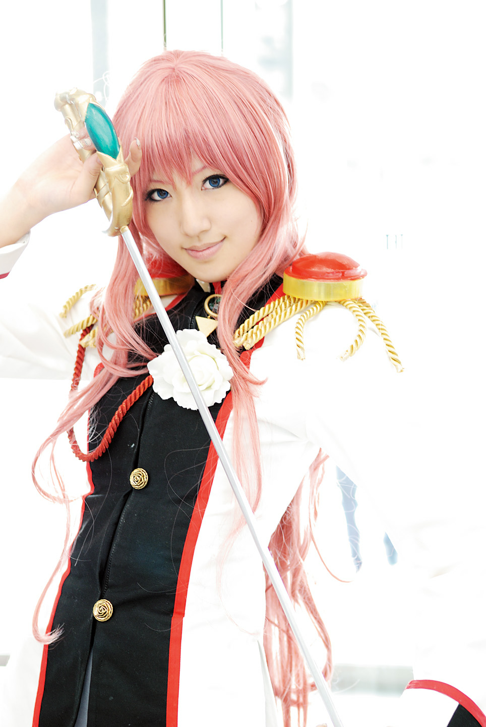 saya (cosplayer), tenjou utena, shoujo kakumei utena, highres, photo (medium), cosplay, pink hair, sword, weapon