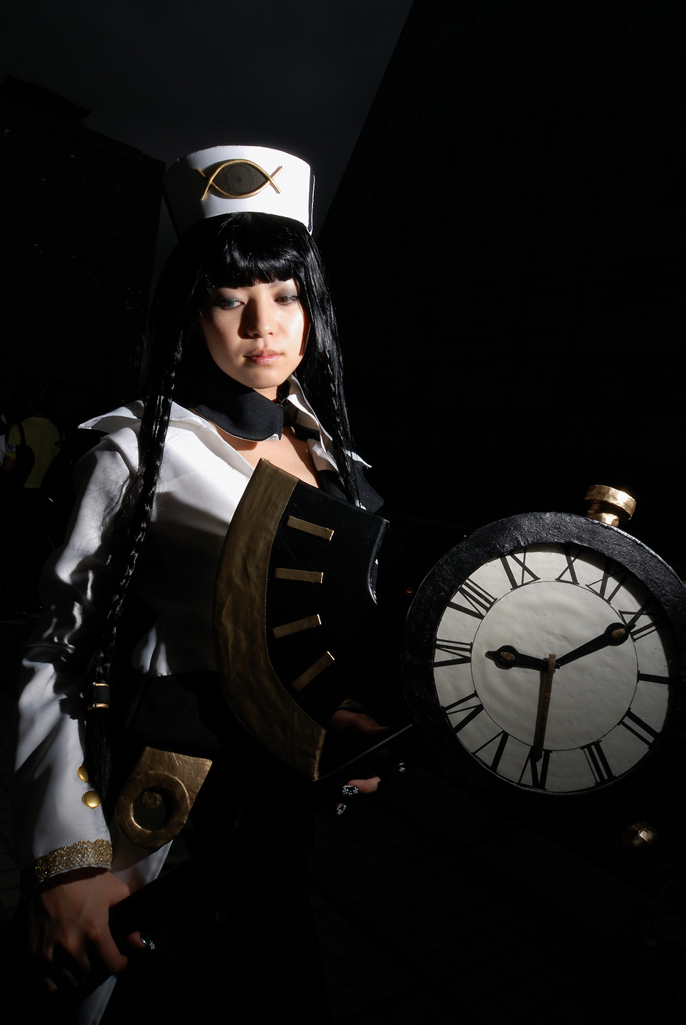 aida yukiko, trickster (ntreev soft), highres, photo (medium), clock, cosplay, eclipse, scythe