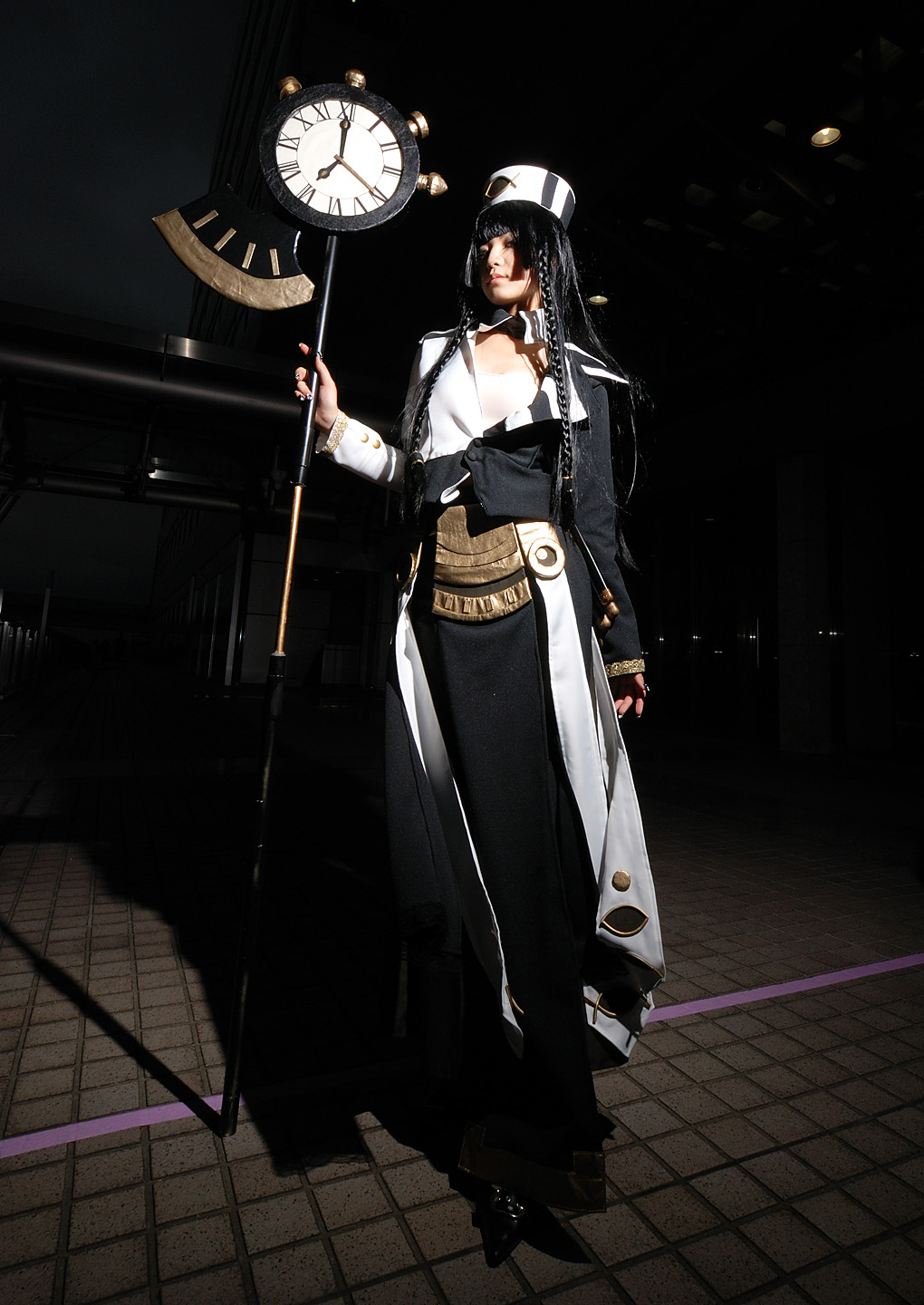 aida yukiko, trickster (ntreev soft), highres, photo (medium), clock, cosplay, eclipse, scythe