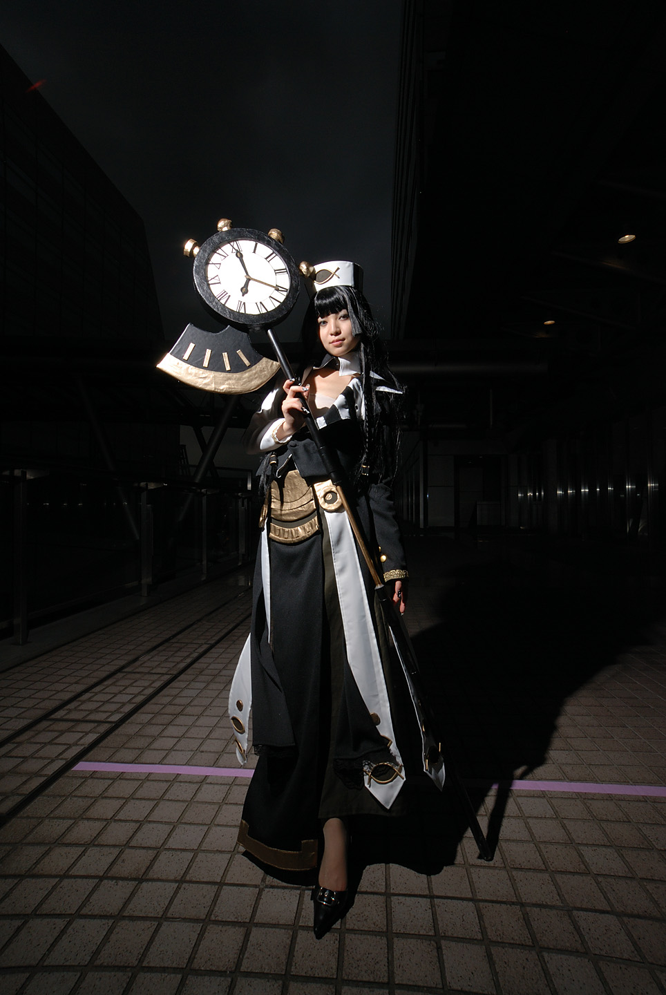 aida yukiko, trickster (ntreev soft), highres, photo (medium), clock, cosplay, eclipse, scythe