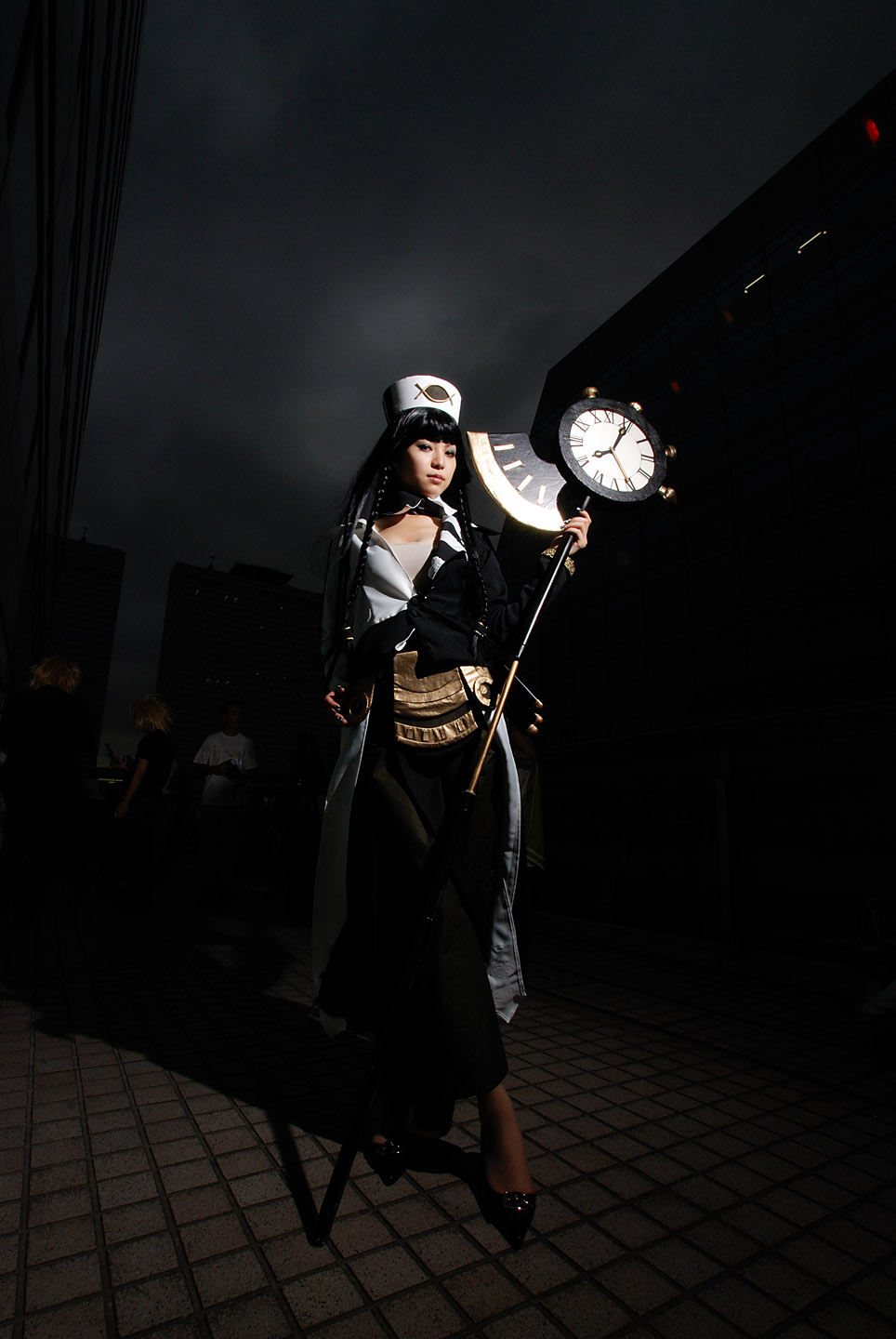 aida yukiko, trickster (ntreev soft), highres, photo (medium), clock, cosplay, eclipse, scythe