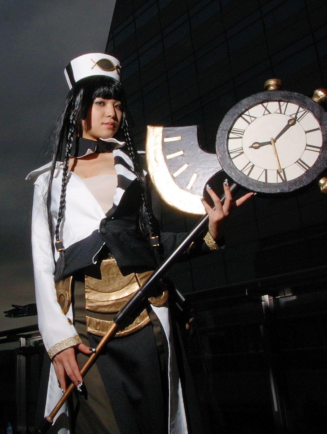 aida yukiko, trickster (ntreev soft), highres, photo (medium), clock, cosplay, eclipse, scythe