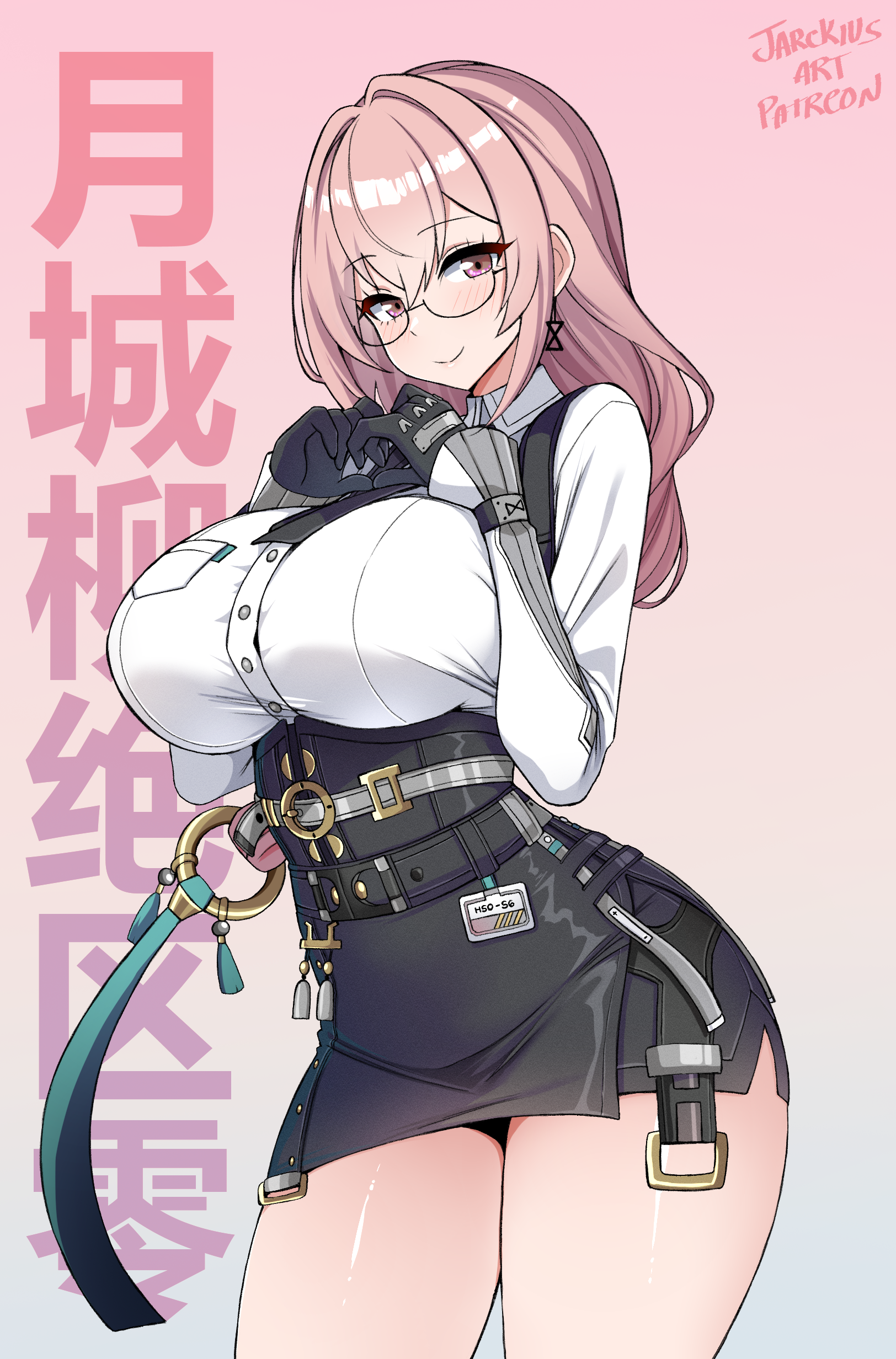 jarckius, tsukishiro yanagi, zenless zone zero, absurdres, highres, paid reward available, 1girl, black gloves, black skirt, blush, breasts, closed mouth, cowboy shot, dress shirt, earrings, glasses, gloves, gradient background, hair between eyes, hands up, high-waist skirt, jewelry, large breasts, long hair, looking at viewer, miniskirt, patreon username, pencil skirt, pink eyes, pink hair, ring hair ornament, shirt, skirt, smile, solo, standing, white shirt