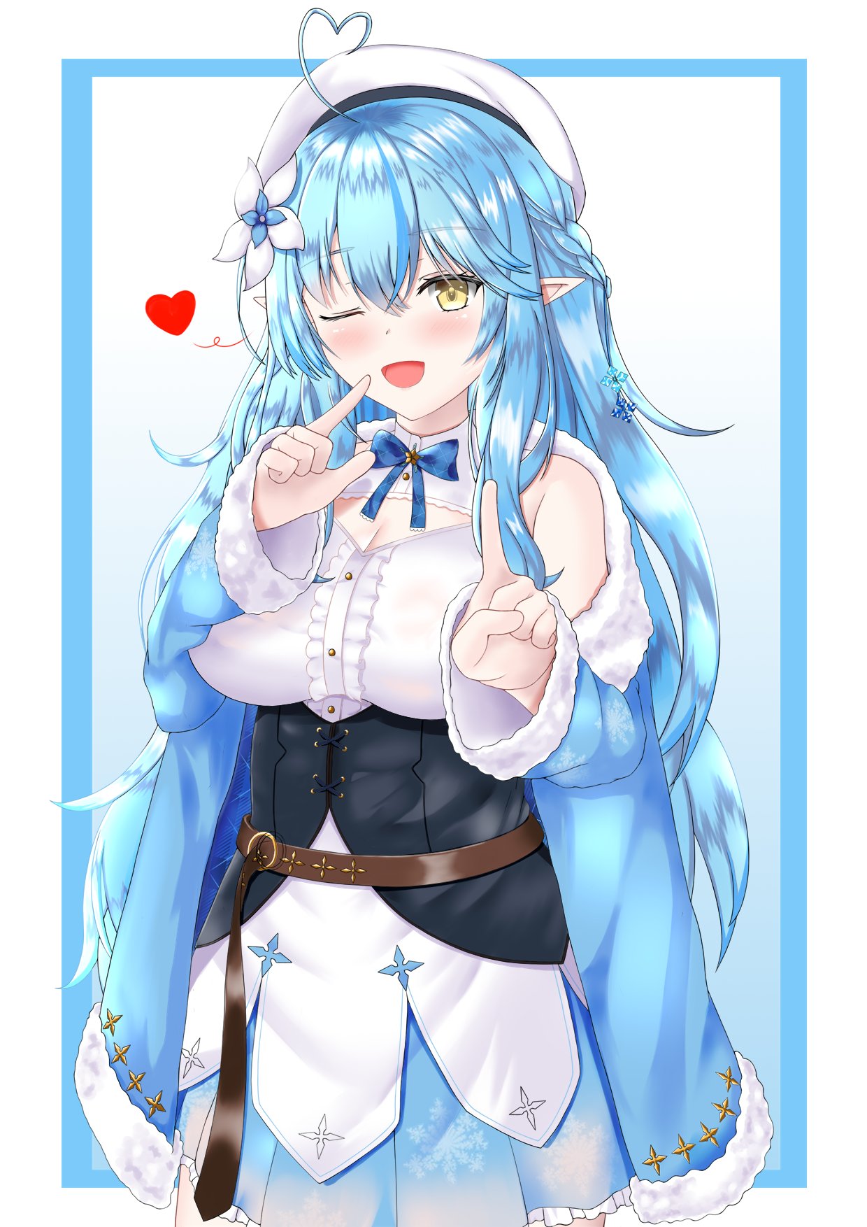 tomohiro (duo), yukihana lamy, yukihana lamy (1st costume), hololive, highres, 1girl, ahoge, bare shoulders, blue hair, blush, breasts, cowboy shot, dress, elf, hat, heart, heart ahoge, large breasts, one eye closed, open mouth, pointy ears, simple background, solo, virtual youtuber, white background, white dress, white hat, yellow eyes