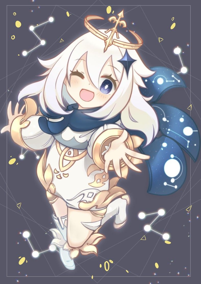 akatsuki chiaki, paimon (genshin impact), genshin impact, third-party source, 1girl, ;d, black background, black scarf, blue eyes, boots, constellation, crystal hair ornament, full body, hair between eyes, hair ornament, halo, leg up, long hair, long sleeves, looking at viewer, mechanical halo, one eye closed, open mouth, outstretched arms, romper, scarf, smile, solo, white boots, white hair, white romper