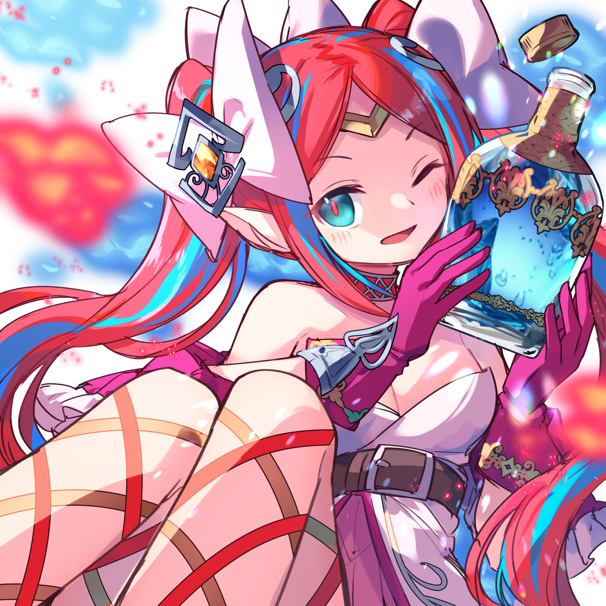 kuuron (moesann17), puzzle & dragons, highres, 1girl, aqua eyes, belt, blue hair, bottle, bow, breasts, cleavage, dress, gloves, hair ornament, holding, holding bottle, katya (p&d), long hair, multicolored hair, one eye closed, pink gloves, pointy ears, potion, red hair, smile, solo, tiara, two-tone hair, very long hair, white bow, white dress