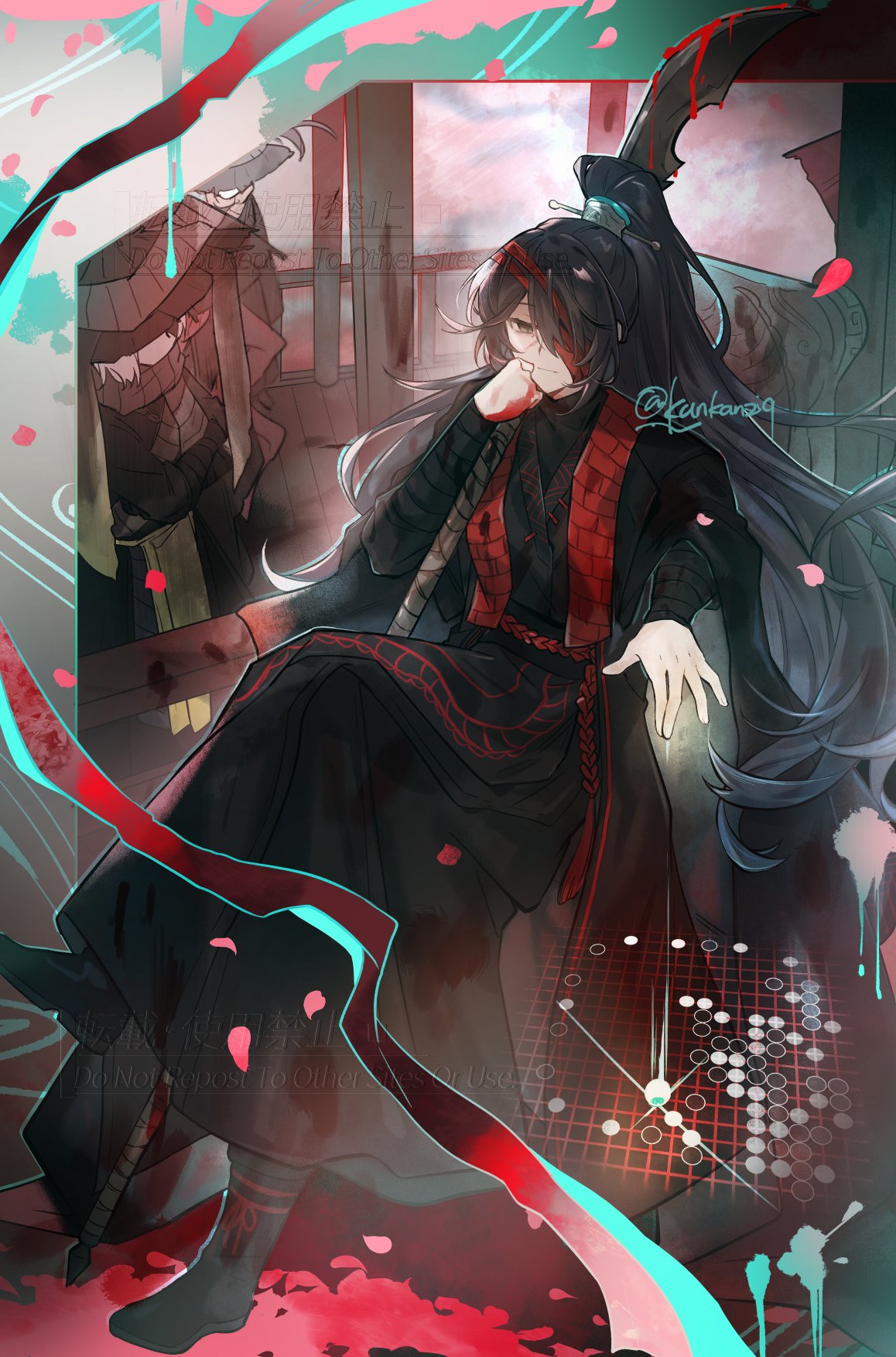 kan (kuronoshiori), faust (project moon), hong lu (project moon), limbus company, project moon, highres, 1boy, 1girl, bandage over one eye, black eyes, black hair, black hanfu, black shoes, chinese clothes, family hierarch candidate (identity) (project moon), full body, hanfu, heishou pack-mao branch (identity) (project moon), high ponytail, long hair, looking at viewer, male focus, ponytail, rope belt, shoes, short hair, sitting, solo focus, stole, white hair