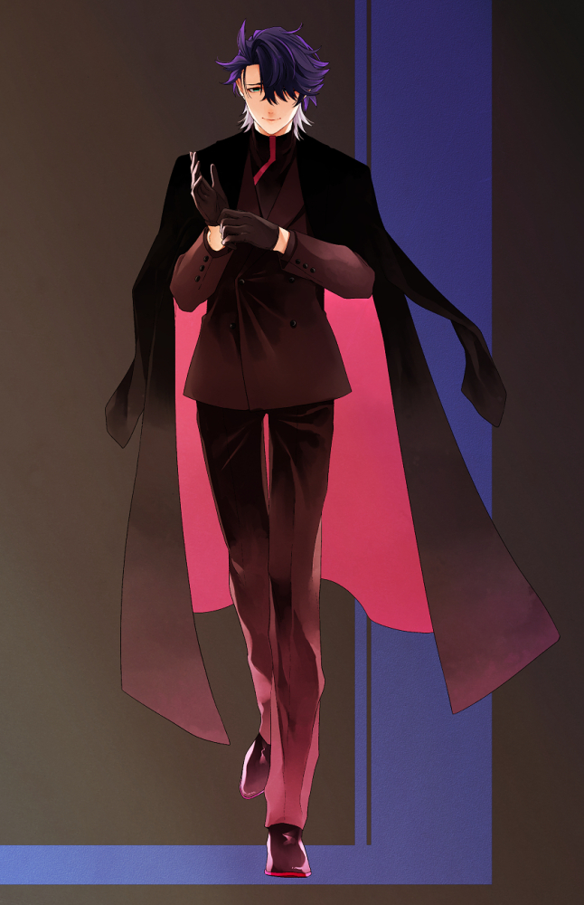 user ysfe5483, sampo koski, honkai: star rail, honkai (series), commentary request, 1boy, alternate costume, aqua eyes, black coat, black gloves, black pants, black shoes, black sweater, blue hair, brown background, brown jacket, buttons, closed mouth, coat, formal clothes, full body, gloves, grey hair, hair over one eye, hands up, jacket, lapels, long sleeves, looking at viewer, male focus, multicolored hair, pants, pink coat, shoes, short hair, smile, solo, standing, standing on one leg, suit, suit jacket, sweater, turtleneck, turtleneck sweater, two-sided coat, two-sided fabric, two-tone hair