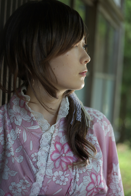 kouya (model), photo (medium), tagme, 1girl, dress, female focus, floral print, freckles, japanese clothes, kimono, lace, lace-trimmed dress, lace trim, pink dress, print dress, print kimono, side ponytail, solo, yukata