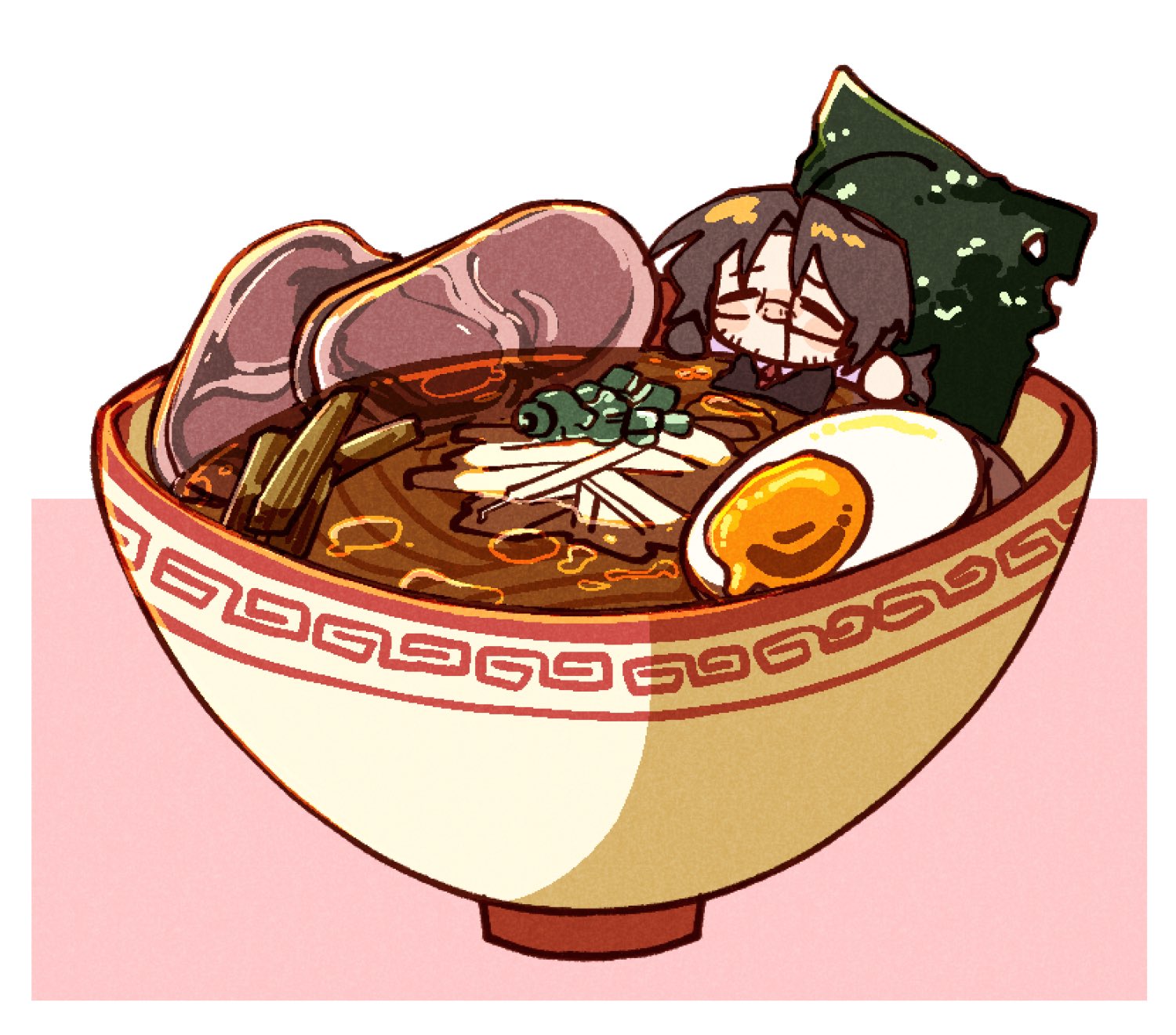 nantekottawo!!, gregor (project moon), limbus company, project moon, highres, 1boy, ahoge, bowl, brown hair, chopped spring onion, closed eyes, closed mouth, collared shirt, food, happy, in food, liu association south uniform, long hair, low ponytail, necktie, noodles, nori (seaweed), ponytail, pork, ramen, red necktie, shirt, smile, softboiled egg, solo, white shirt