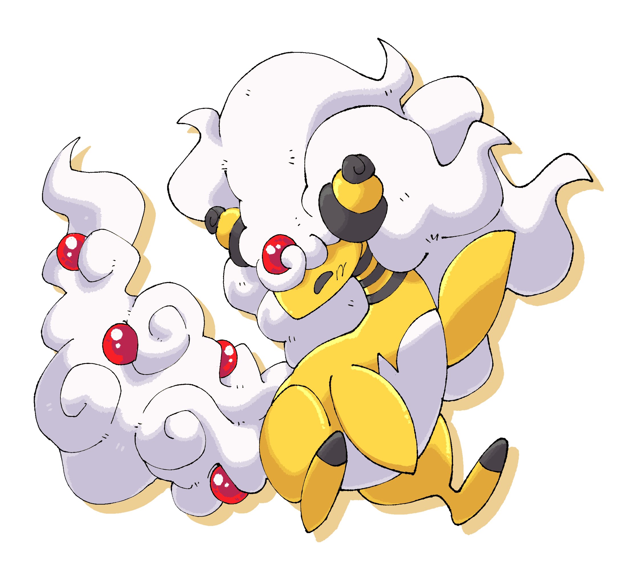 pr quote, ampharos, mega ampharos, nintendo, pokemon, commentary, english commentary, highres, closed eyes, drop shadow, forehead jewel, full body, gen 2 pokemon, long hair, mega pokemon, no humans, pokemon (creature), pokemon focus, solo, white background, white hair, white tail
