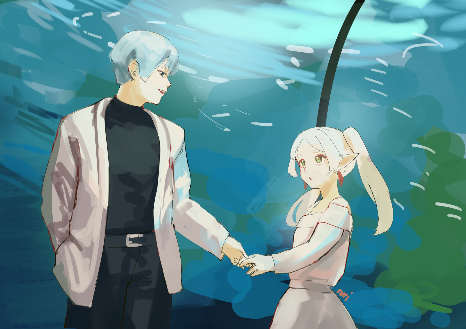 rurikon, frieren, himmel (sousou no frieren), sousou no frieren, highres, 1boy, 1girl, alternate costume, aquarium, black pants, black shirt, blue eyes, blue hair, double-parted bangs, dress, earrings, elf, fish, green eyes, hand in pocket, holding hands, jacket, jewelry, long hair, looking at another, open mouth, pants, pointy ears, shirt, short hair, sidelocks, twintails, white dress, white hair, white jacket