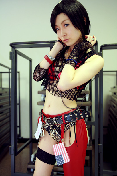 kouya (model), character request, photo (medium), source request, animal print, asian, bra, chaps, cosplay, fishnets, flag, leopard print, lingerie, midriff, panties, see-through clothes, tank top, underwear