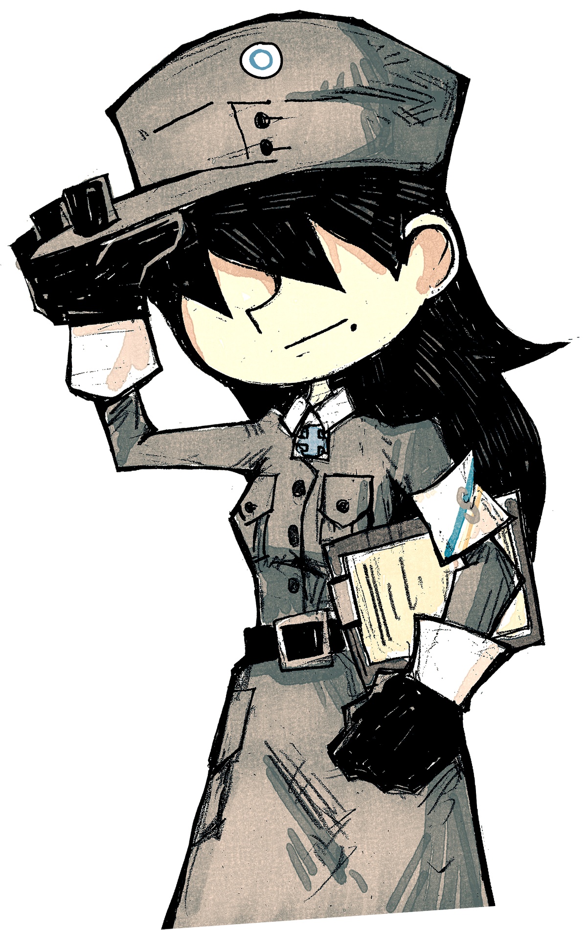 setz, tyyne rist (lotta svaerd), lotta svaerd: women of war, original, highres, armband, belt, black gloves, black hair, coat, covered eyes, finland, finnish army, finnish clothes, gloves, grey coat, grey hat, hair over eyes, hat, hat tip, holding, holding notepad, light smile, long hair, lotta svaerd, mole, notepad, simple background, swastika
