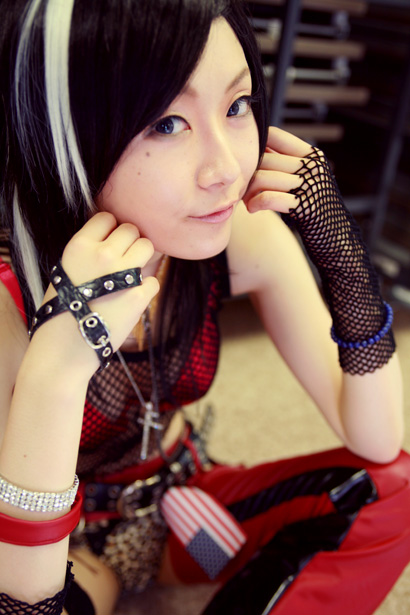 kouya (model), character request, photo (medium), source request, animal print, asian, bra, chaps, cosplay, fishnets, flag, leopard print, lingerie, midriff, panties, see-through clothes, tank top, underwear