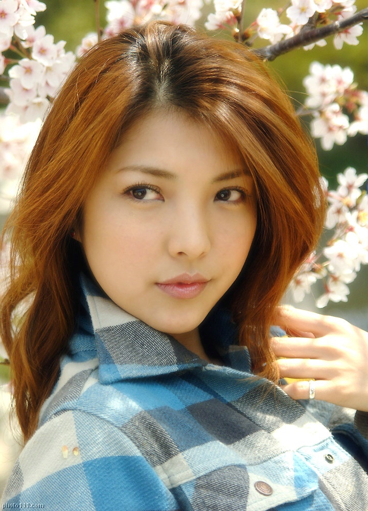souma akane, photo (medium), tagme, 1girl, asian, cherry blossoms, female focus, flannel, flannel shirt, long hair, looking to the side, outdoors, solo
