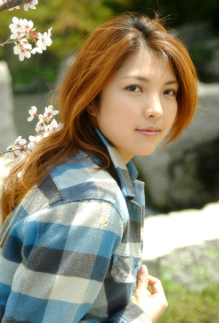 souma akane, photo (medium), tagme, 1girl, asian, cherry blossoms, female focus, flannel, flannel shirt, long hair, looking at viewer, outdoors, solo