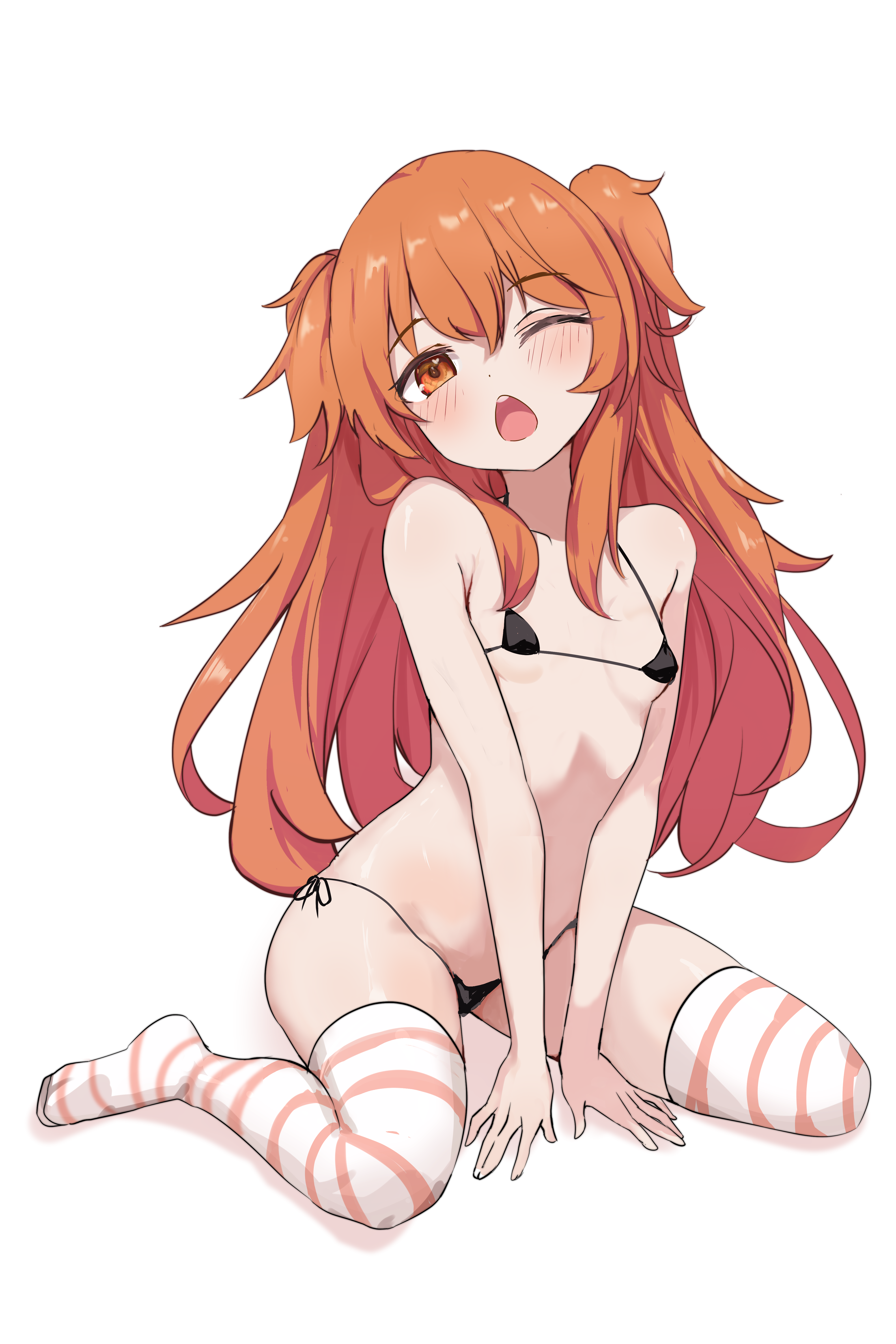 nakoni (solalalala), mayano top gun (umamusume), umamusume, absurdres, commentary, highres, 1girl, bare shoulders, bikini, black bikini, blush, breasts, collarbone, full body, hair between eyes, long hair, looking at viewer, navel, no animal ears, no tail, one eye closed, open mouth, orange eyes, orange hair, side-tie bikini bottom, simple background, sitting, small breasts, solo, striped clothes, striped thighhighs, swimsuit, teeth, thighhighs, two side up, upper teeth only, wariza, white background