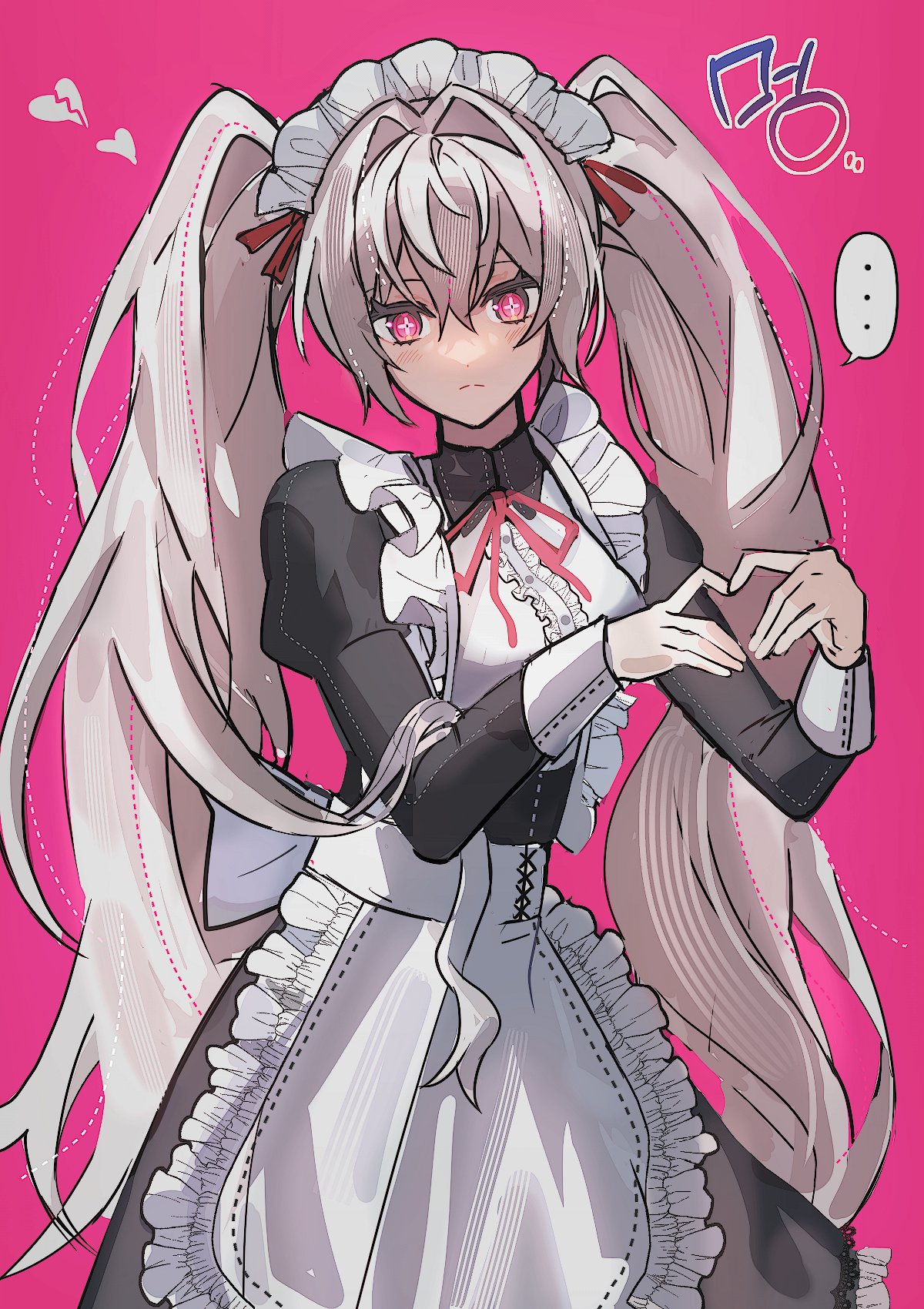 rapen01, luna: oblivion (pgr), luna (pgr), punishing: gray raven, commission, highres, …, 1girl, alternate costume, apron, black dress, cross-shaped pupils, dress, grey hair, hair between eyes, hair intakes, heart, heart hands, long hair, long sleeves, maid apron, maid headdress, red background, red eyes, sidelocks, solo, spoken ellipsis, symbol-shaped pupils, twintails, very long hair, white apron, white headdress