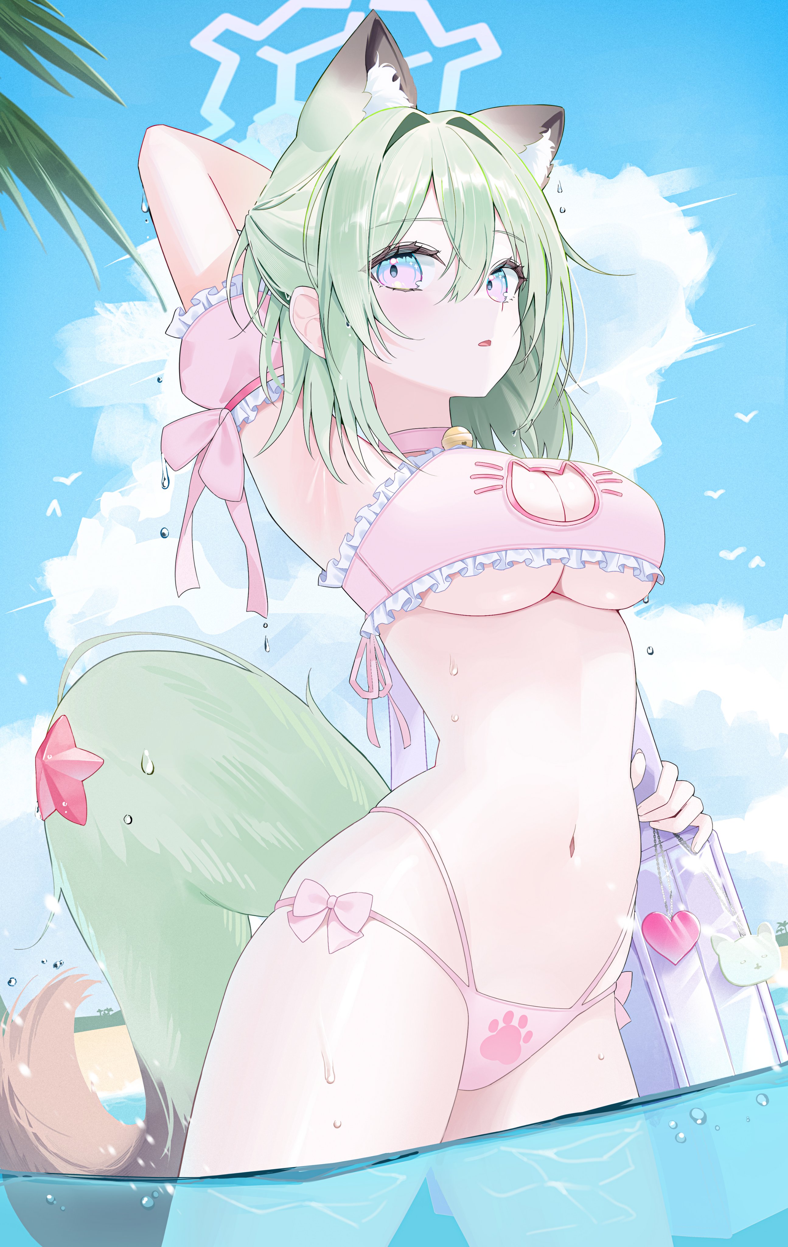 yagen (user mxur3238), shigure (blue archive), blue archive, absurdres, commentary, hashtag-only commentary, highres, symbol-only commentary, 1girl, alternate costume, animal ears, arm up, armpits, bell, bikini, blue eyes, blue halo, breasts, cat cutout, choker, clothing cutout, cowboy shot, detached sleeves, extra ears, frilled bikini, frills, green hair, hair between eyes, halo, large breasts, light blush, looking at viewer, multi-strapped bikini bottom, navel, neck bell, parted lips, paw print, pink bikini, pink choker, short sleeves, solo, standing, stomach, swimsuit, tail, wading, weasel ears, weasel girl, weasel tail, wet