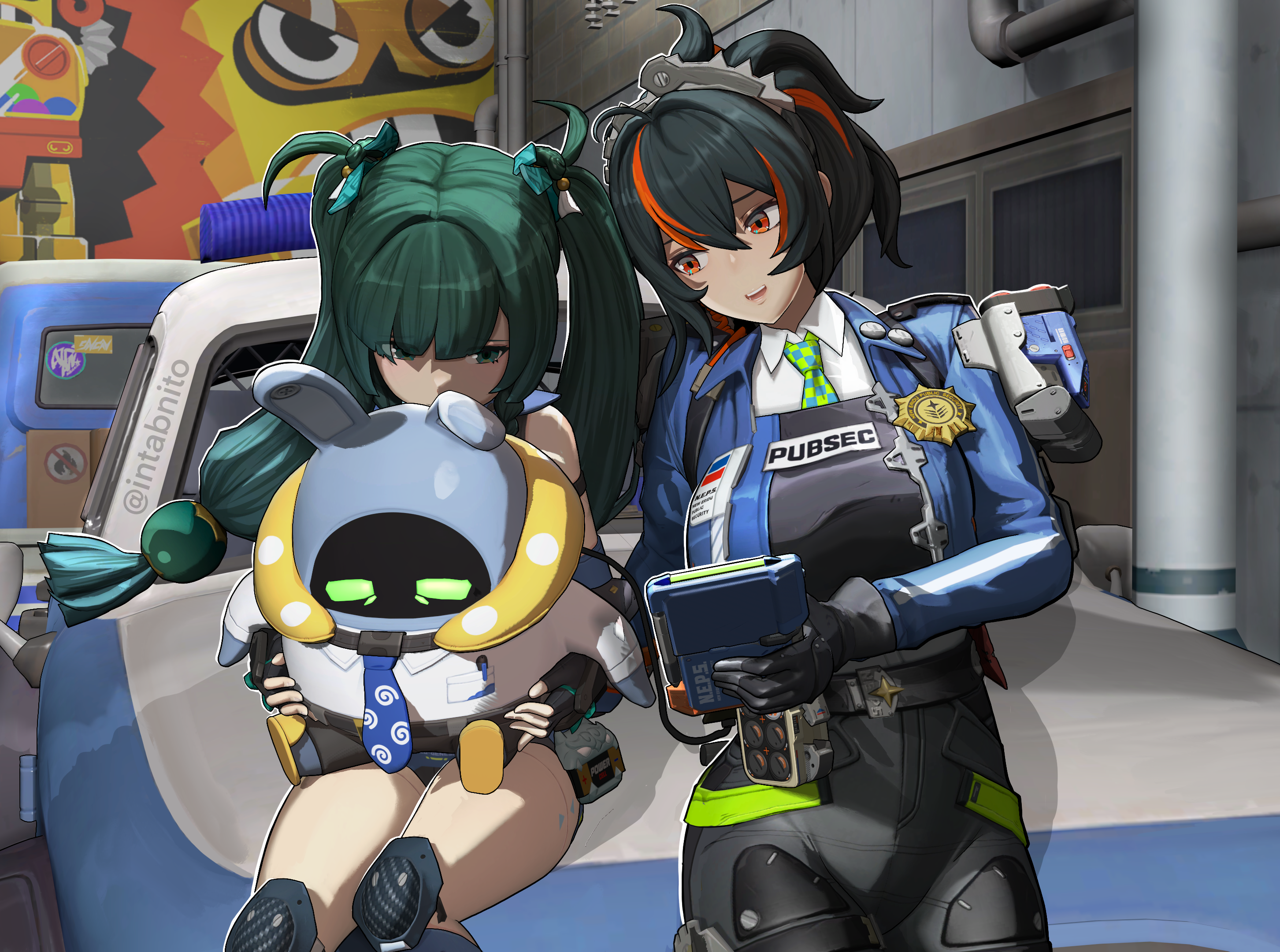 bangboo (zenless zone zero), qingyi (zenless zone zero), zhu yuan, zenless zone zero, highres, 2girls, android, black gloves, black hair, black pants, blue jacket, blue necktie, breasts, car, checkered necktie, collared shirt, fingerless gloves, gloves, green eyes, green hair, hair between eyes, hair ornament, high-waist pants, hug, hug from behind, intabnito, jacket, large breasts, long hair, motor vehicle, multicolored hair, multiple girls, necktie, on car, open mouth, outdoors, pants, police, police badge, police uniform, policewoman, red hair, red streaks, shadow, shirt, sidelocks, sitting, slippers, sphere hair ornament, streaked hair, teeth, tight clothes, tight pants, twintails, upper teeth only, white shirt, yellow slippers