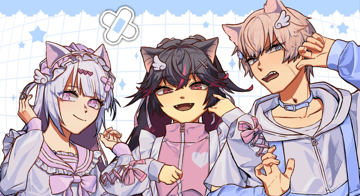 lee (pgr), liv (pgr), lucia (pgr), punishing: gray raven, commentary request, 1boy, 2girls, animal ears, asymmetrical bangs, black hair, blue eyes, blue hoodie, brown hair, cat ears, choker, dress, fangs, grey dress, grey hair, hair ornament, hood, hood down, hoodie, long hair, multiple girls, open mouth, pink sweater, purple eyes, red eyes, red streaks, sidelocks, sweater, toyu ekaki, wing hair ornament, x hair ornament