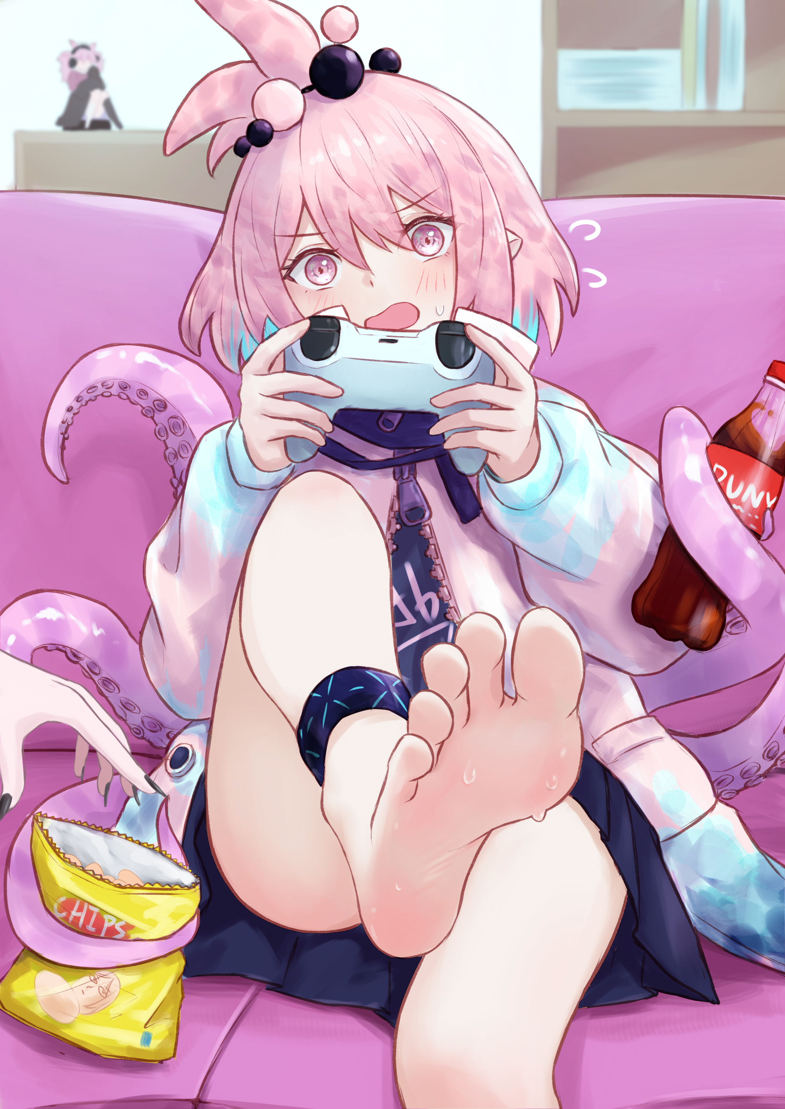 runyo (yale12312), infection monitor (arknights), kirara (arknights), u-official (arknights), utage (arknights), arknights, absurdres, highres, 2girls, barefoot, black nails, blue hair, blue skirt, chips (food), cola, colored tips, controller, couch, feet, fingernails, flying sweatdrops, food, foot focus, game controller, gamepad, holding, holding controller, holding game controller, jacket, long fingernails, long sleeves, miniskirt, multicolored hair, multiple girls, nail polish, on couch, open mouth, pink eyes, pink hair, pink jacket, plastic bottle, playing games, potato chips, puffy long sleeves, puffy sleeves, short hair, sitting, skirt, soles, sweat, tentacles, toes, two-tone hair