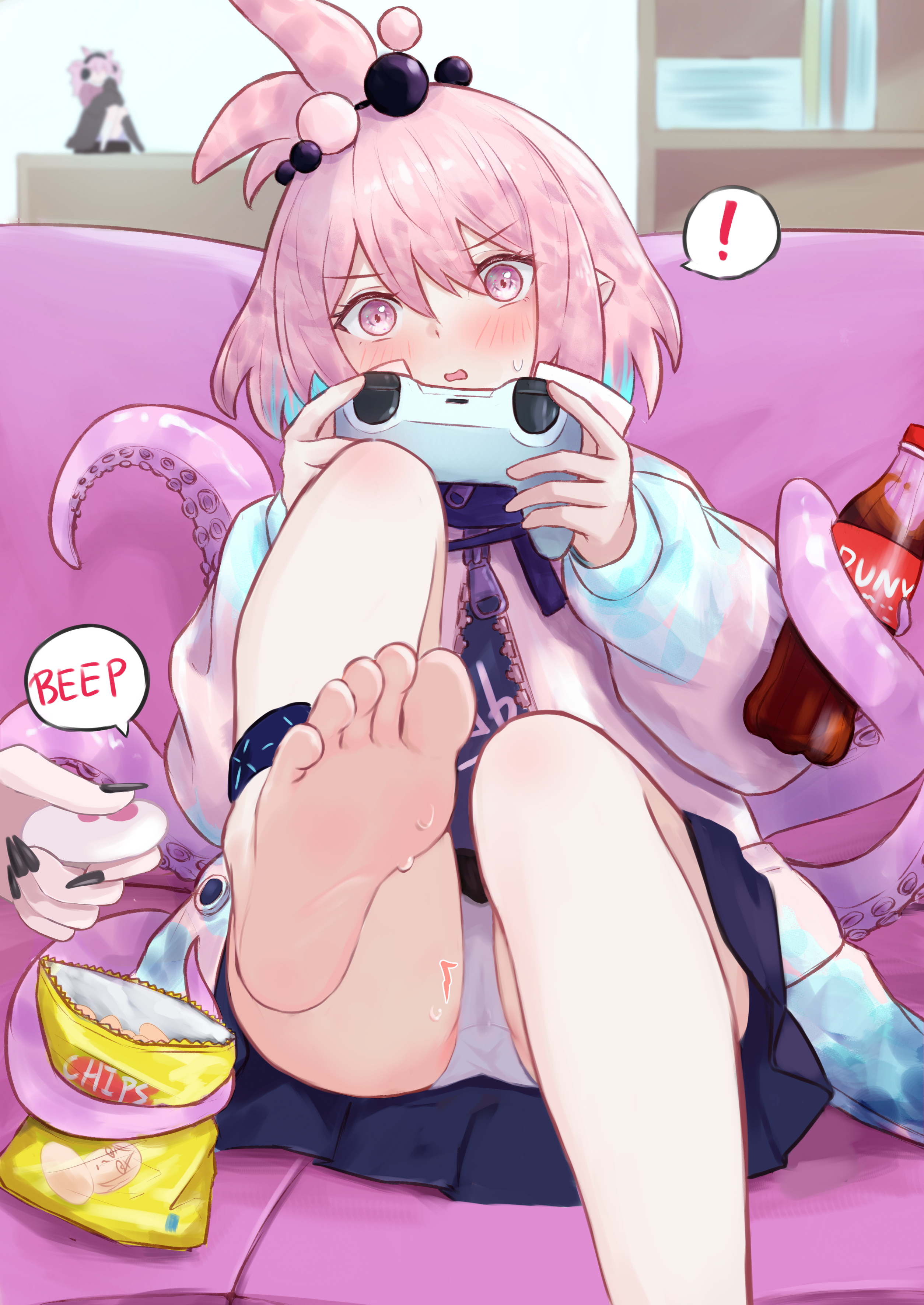 runyo (yale12312), infection monitor (arknights), kirara (arknights), u-official (arknights), utage (arknights), arknights, absurdres, highres, !, 2girls, barefoot, black nails, blue hair, blue skirt, chips (food), cola, colored tips, controller, couch, feet, fingernails, food, foot focus, game controller, gamepad, holding, holding controller, holding game controller, jacket, long fingernails, long sleeves, miniskirt, multicolored hair, multiple girls, nail polish, on couch, open mouth, panties, pink eyes, pink hair, pink jacket, plastic bottle, playing games, potato chips, puffy long sleeves, puffy sleeves, remote control, remote control vibrator, sex toy, short hair, sitting, skirt, soles, speech bubble, spoken exclamation mark, sweat, tentacles, toes, two-tone hair, underwear, vibrator, vibrator under clothes, vibrator under panties, white panties, wireless sex toy controller