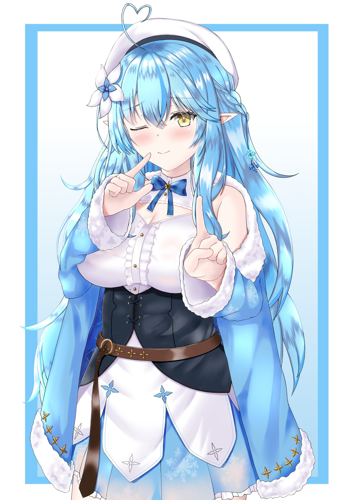 tomohiro (duo), yukihana lamy, yukihana lamy (1st costume), hololive, highres, 1girl, ahoge, bare shoulders, blue hair, blush, breasts, closed mouth, cowboy shot, dress, elf, hat, heart, heart ahoge, large breasts, one eye closed, pointy ears, simple background, solo, virtual youtuber, white background, white dress, white hat, yellow eyes
