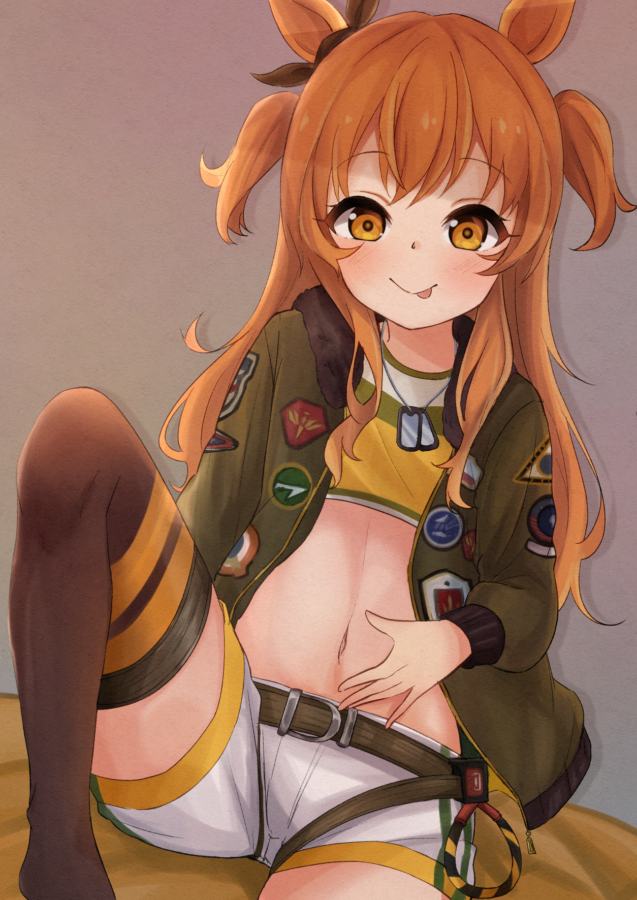 kouyatsutou, mayano top gun (umamusume), umamusume, commentary, highres, 1girl, animal ears, belt, belt buckle, blush, bomber jacket, bow, breasts, brown belt, brown ribbon, brown thighhighs, buckle, closed mouth, crop top, dog tags, ear ribbon, green jacket, hand on own stomach, horse ears, horse girl, jacket, leg up, long hair, long sleeves, looking at viewer, midriff, navel, orange eyes, orange hair, ribbon, shirt, short shorts, shorts, sitting, small breasts, smile, solo, thighhighs, tongue, tongue out, two side up, white shorts
