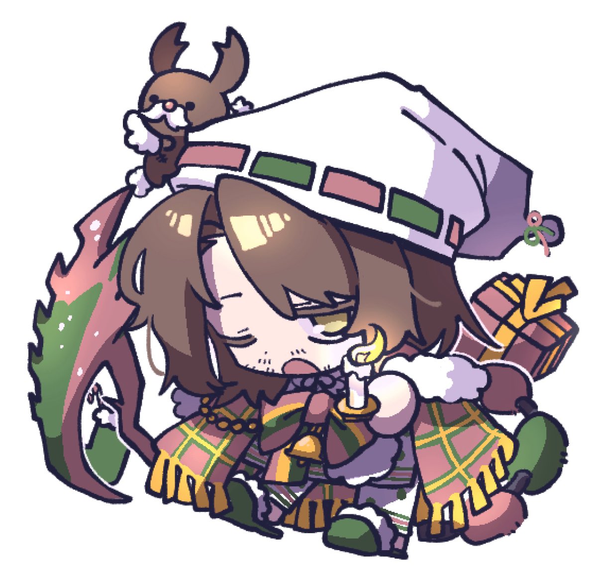 nantekottawo!!, gregor (project moon), limbus company, project moon, 1boy, arthropod limbs, beard stubble, blanket, box, candle, christmas nightmare (e.g.o), e.g.o (project moon), facial hair, full body, gift, gift box, green slippers, hat, holding, holding candle, looking at viewer, one eye closed, quilt, ribbon, ribbon-trimmed hat, simple background, slippers, solo, stubble, two-tone ribbon, white background, white hat