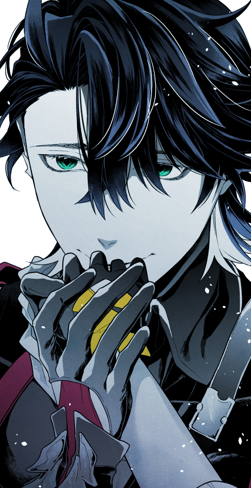 user ysfe5483, sampo koski, stelle (honkai: star rail), trailblazer (honkai: star rail), honkai: star rail, honkai (series), commentary request, 1boy, 1girl, aqua eyes, armor, black gloves, black shirt, blue hair, closed mouth, collared shirt, gloves, grey hair, hair between eyes, hand up, hetero, holding hands, kiss, kissing hand, looking at another, male focus, multicolored hair, petals, shirt, short hair, shoulder armor, simple background, smile, solo focus, two-tone hair, upper body, white background