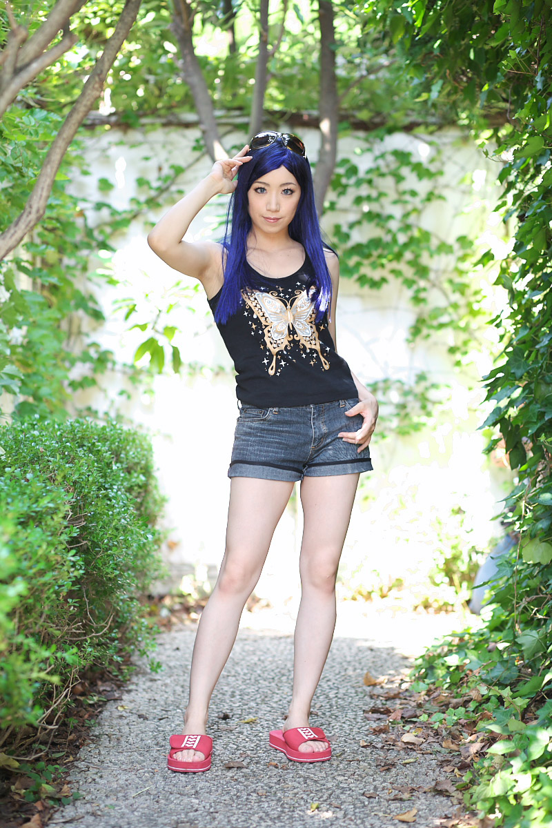 kuga natsuki, miyuki, my-hime, highres, photo (medium), blue hair, cosplay, denim, sandals, shorts, sunglasses, tank top
