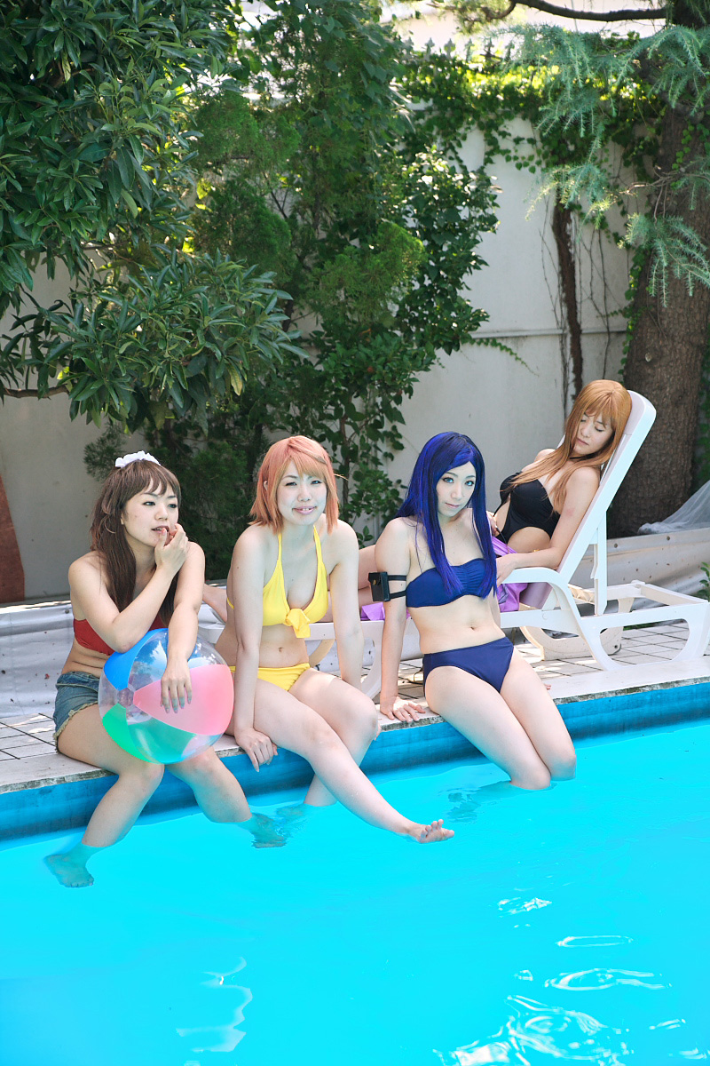 moto, fujino shizuru, kuga natsuki, sugiura midori, tokiha mai, miyuki, my-hime, highres, model request, photo (medium), ball, beachball, bikini, blue hair, cosplay, one-piece swimsuit, orange hair, sarong, sunglasses, swimsuit