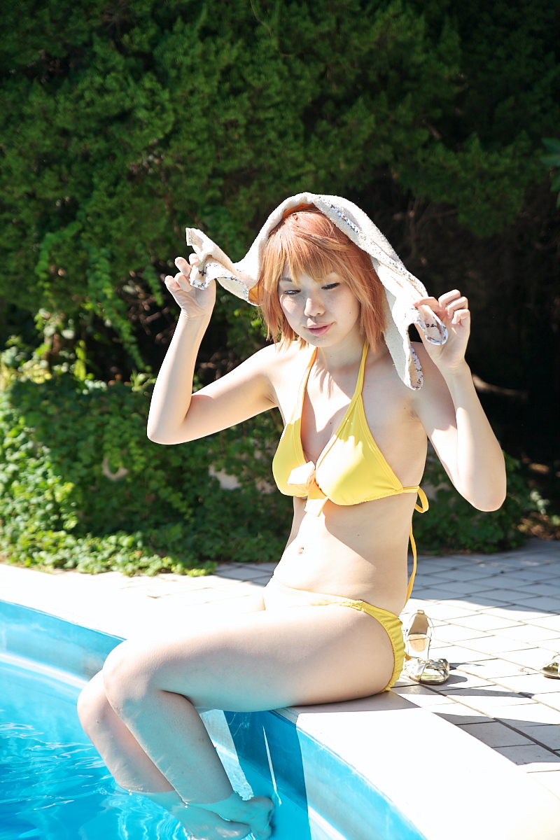 tokiha mai, my-hime, highres, model request, photo (medium), bikini, cosplay, orange hair, swimsuit