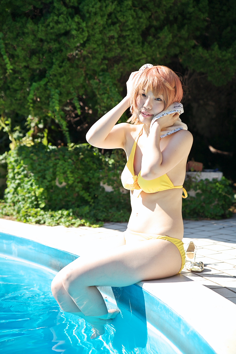 tokiha mai, my-hime, highres, model request, photo (medium), bikini, cosplay, orange hair, swimsuit