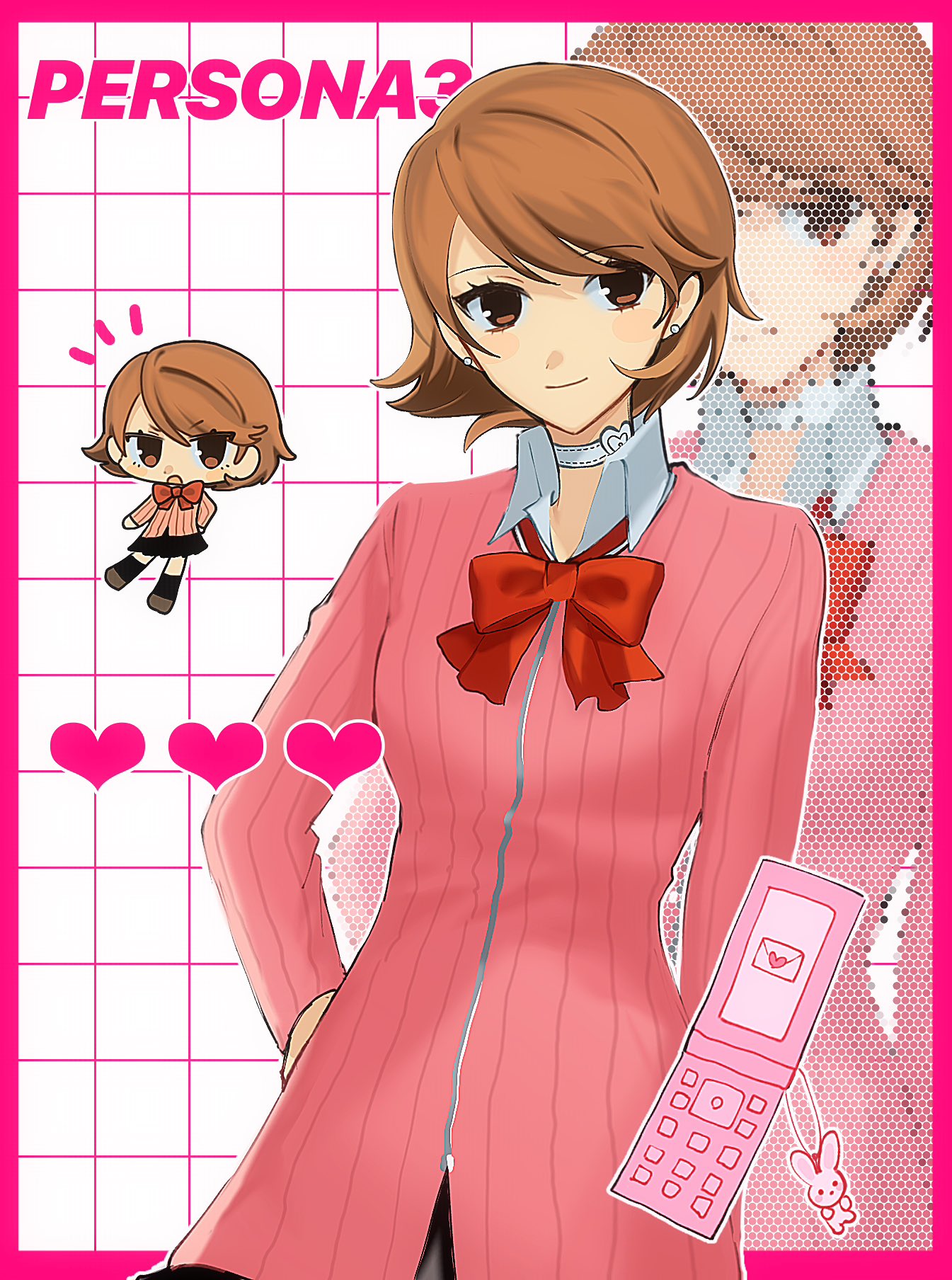 takeba yukari, persona, persona 3, commentary, highres, 1girl, black skirt, black socks, blush, border, bow, bowtie, brown eyes, brown hair, brown shoes, cardigan, cellphone, cellphone charm, charm (object), checkered background, choker, closed mouth, collared shirt, earrings, flip phone, flipped hair, gekkoukan high school uniform, hand on own hip, heart, heart choker, jewelry, long sleeves, looking at viewer, loose bowtie, notice lines, phone, pink border, pink cardigan, red bow, red bowtie, ribbed cardigan, school uniform, shirt, shoes, short hair, skirt, smile, socks, solo, stud earrings, swept bangs, ti kamaa, upper body, white choker, white shirt