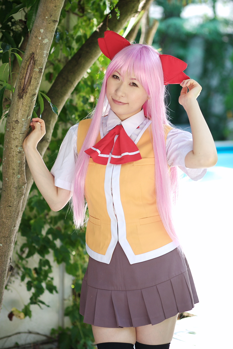 chippi, munakata shiho, my-hime, highres, photo (medium), 1girl, asian, color contacts, cosplay, female focus, long hair, looking at viewer, munakata shiho (cosplay), outdoors, pink hair, school uniform, solo, thighhighs, tree, zettai ryouiki