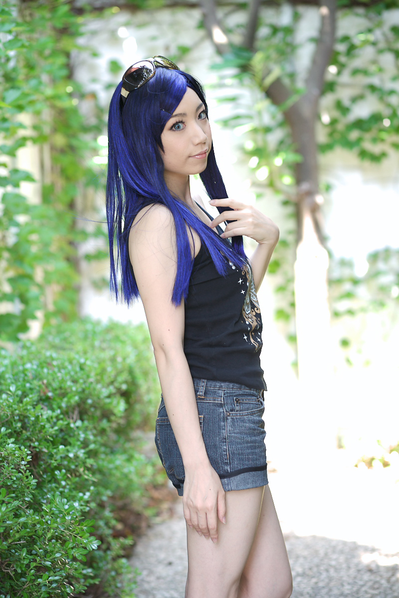 kuga natsuki, miyuki, my-hime, highres, photo (medium), blue hair, cosplay, denim, shorts, sunglasses, tank top