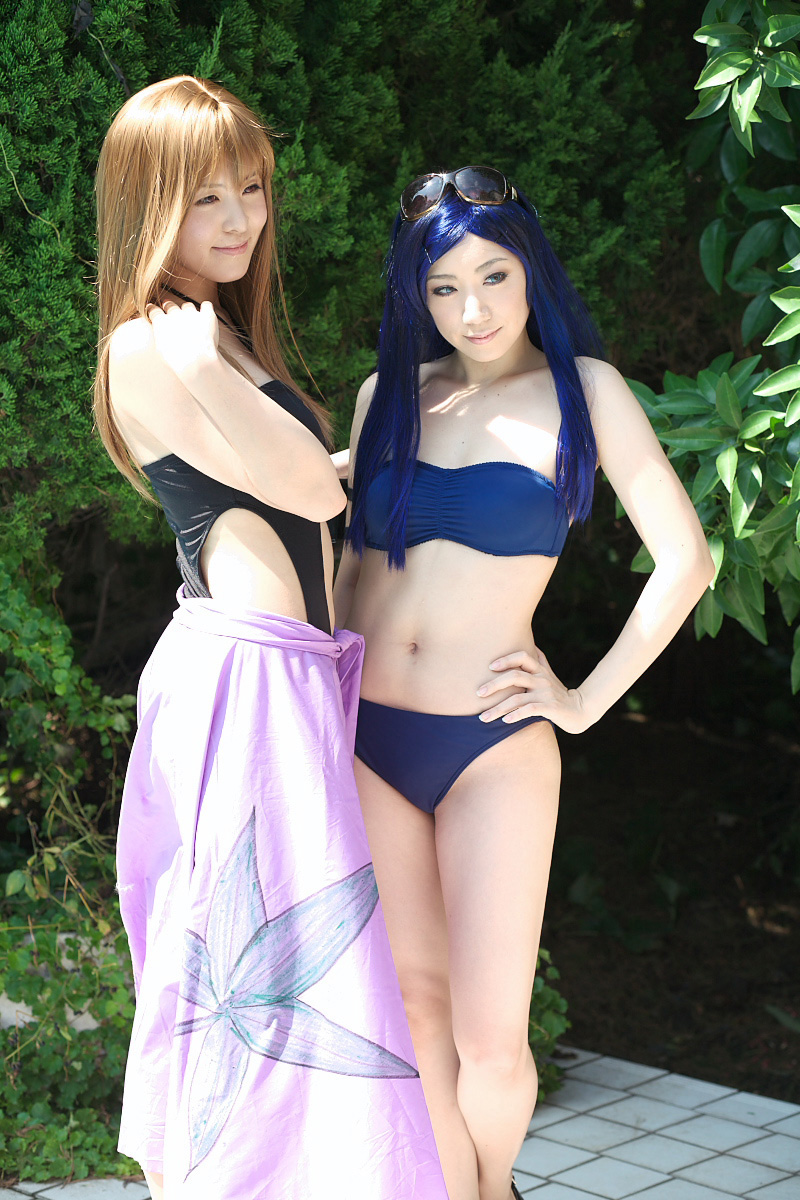 moto, fujino shizuru, kuga natsuki, miyuki, my-hime, highres, photo (medium), bikini, blue hair, cosplay, one-piece swimsuit, sarong, sunglasses, swimsuit