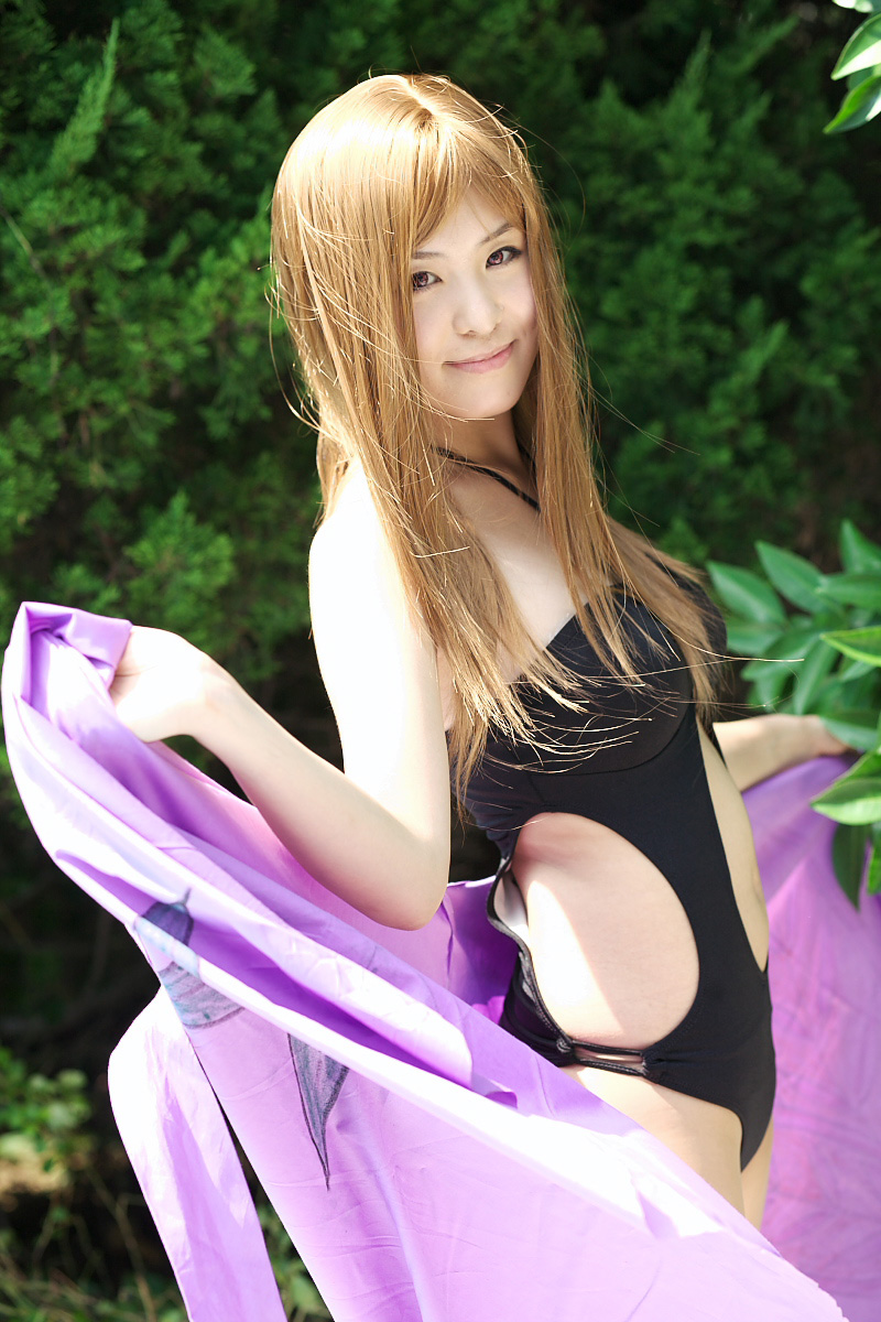 moto, fujino shizuru, my-hime, highres, photo (medium), cosplay, one-piece swimsuit, sarong, swimsuit