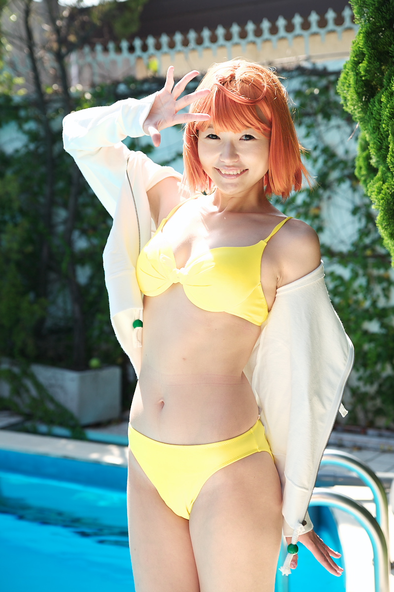 tokiha mai, my-hime, highres, model request, photo (medium), bikini, cosplay, orange hair, swimsuit